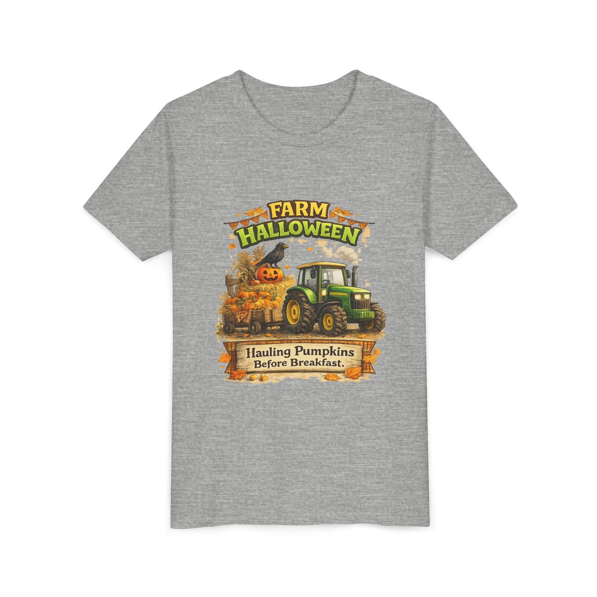 "Hauling Pumpkins Before Breakfast" Tractor Graphic — Youth Farm Halloween Tee