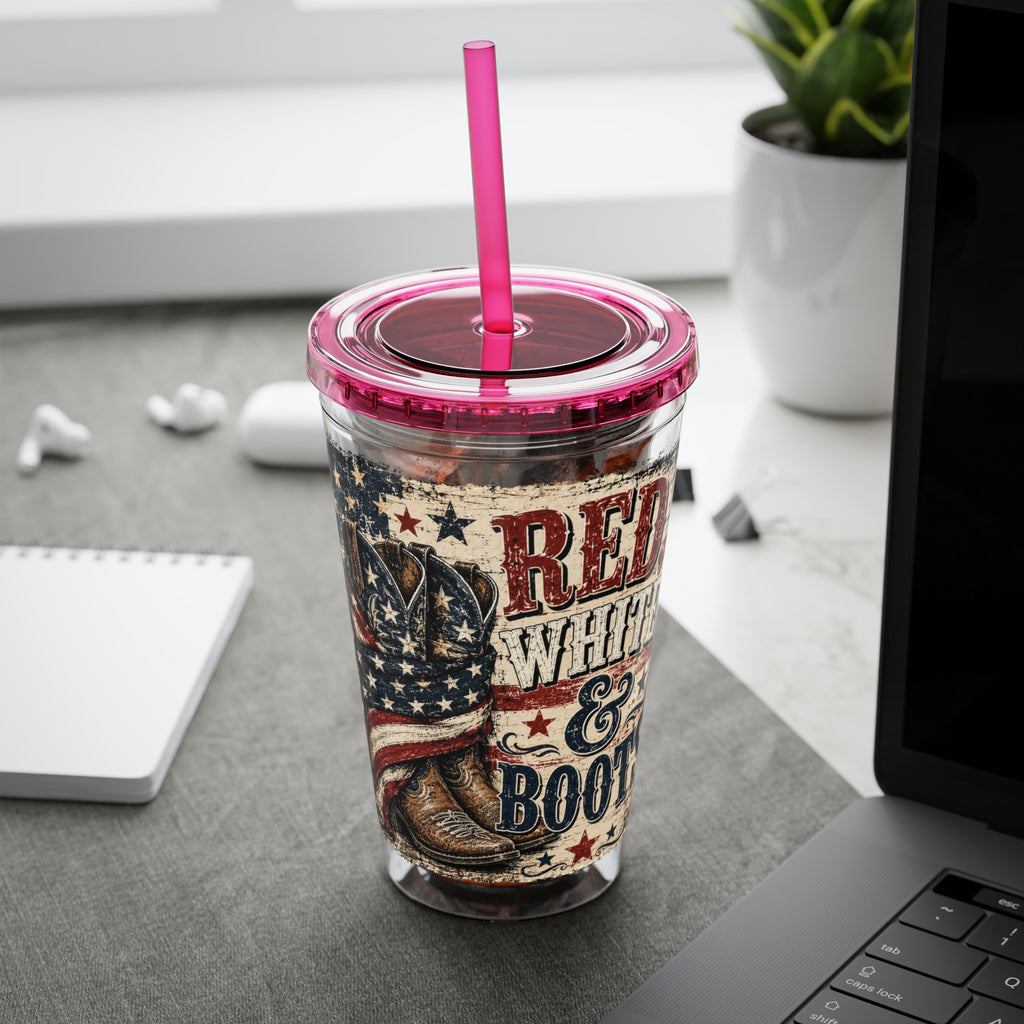 Red White & Boots Sunsplash Tumbler with Straw, 16oz