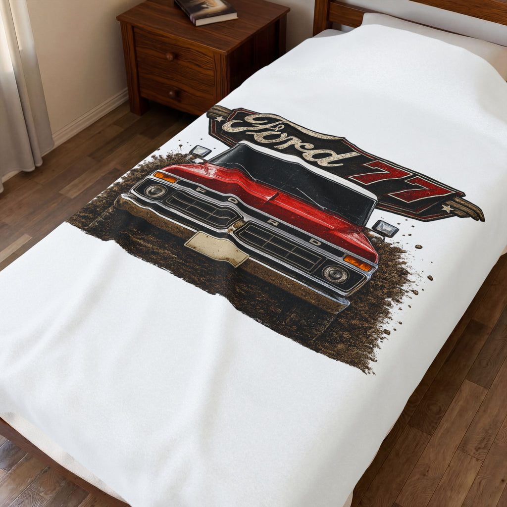Ford '77 Vintage Truck Velveteen Plush Blanket – Retro Red Pickup Design