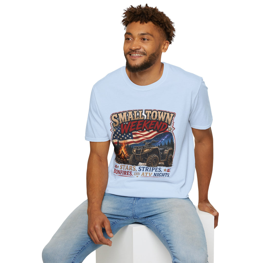 Small Town Weekend T-Shirt — Americana Flag, Bonfire & ATV Retro Graphic