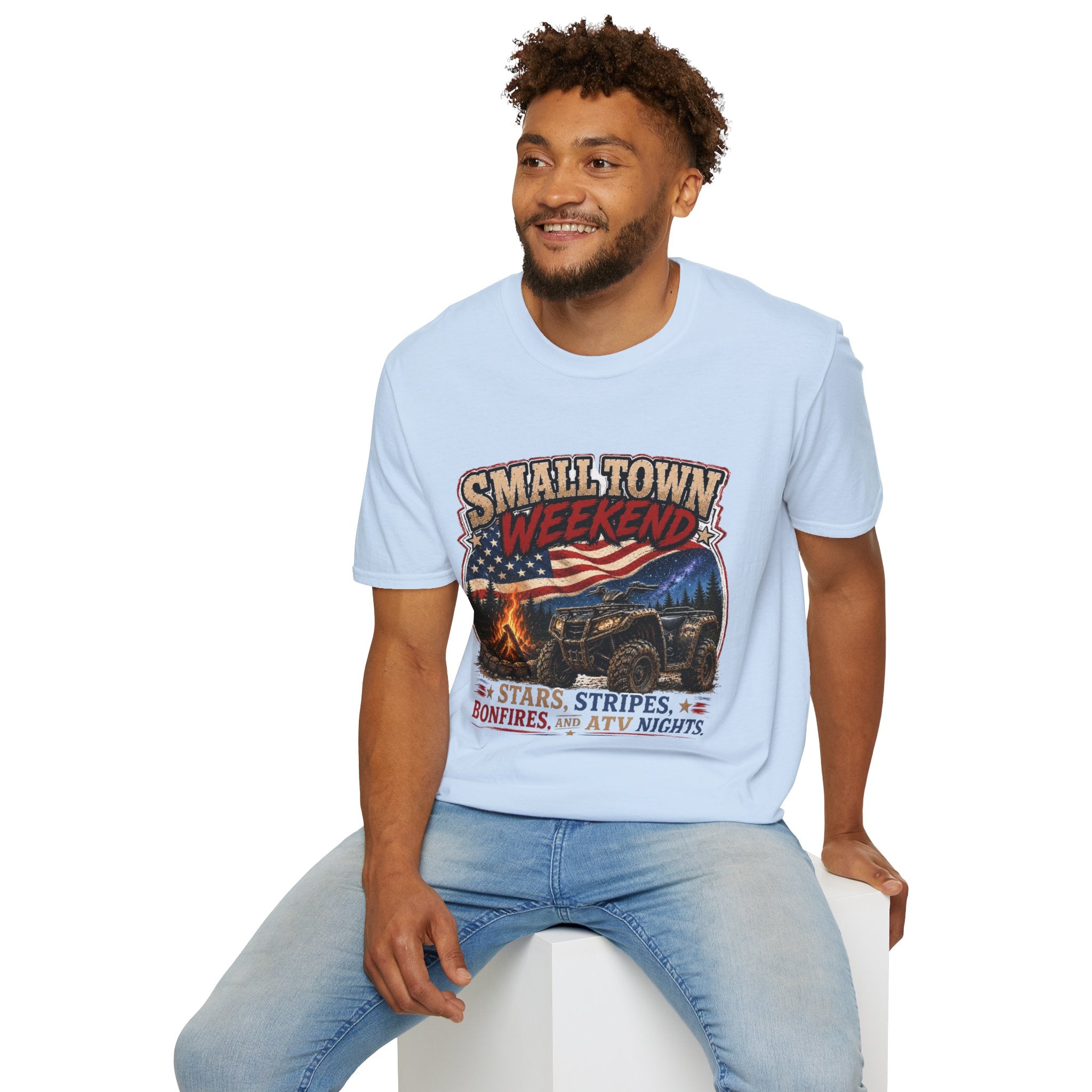 Small Town Weekend T-Shirt — Americana Flag, Bonfire & ATV Retro Graphic