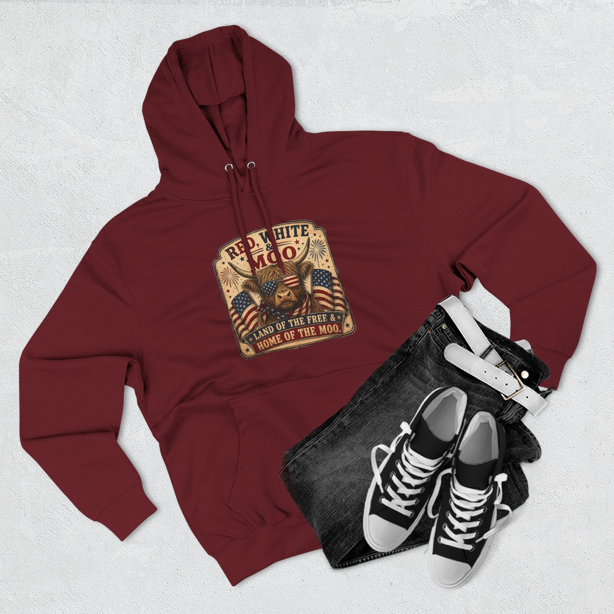 Red, White, & Moo Highland Cow Three-Panel Fleece Hoodie