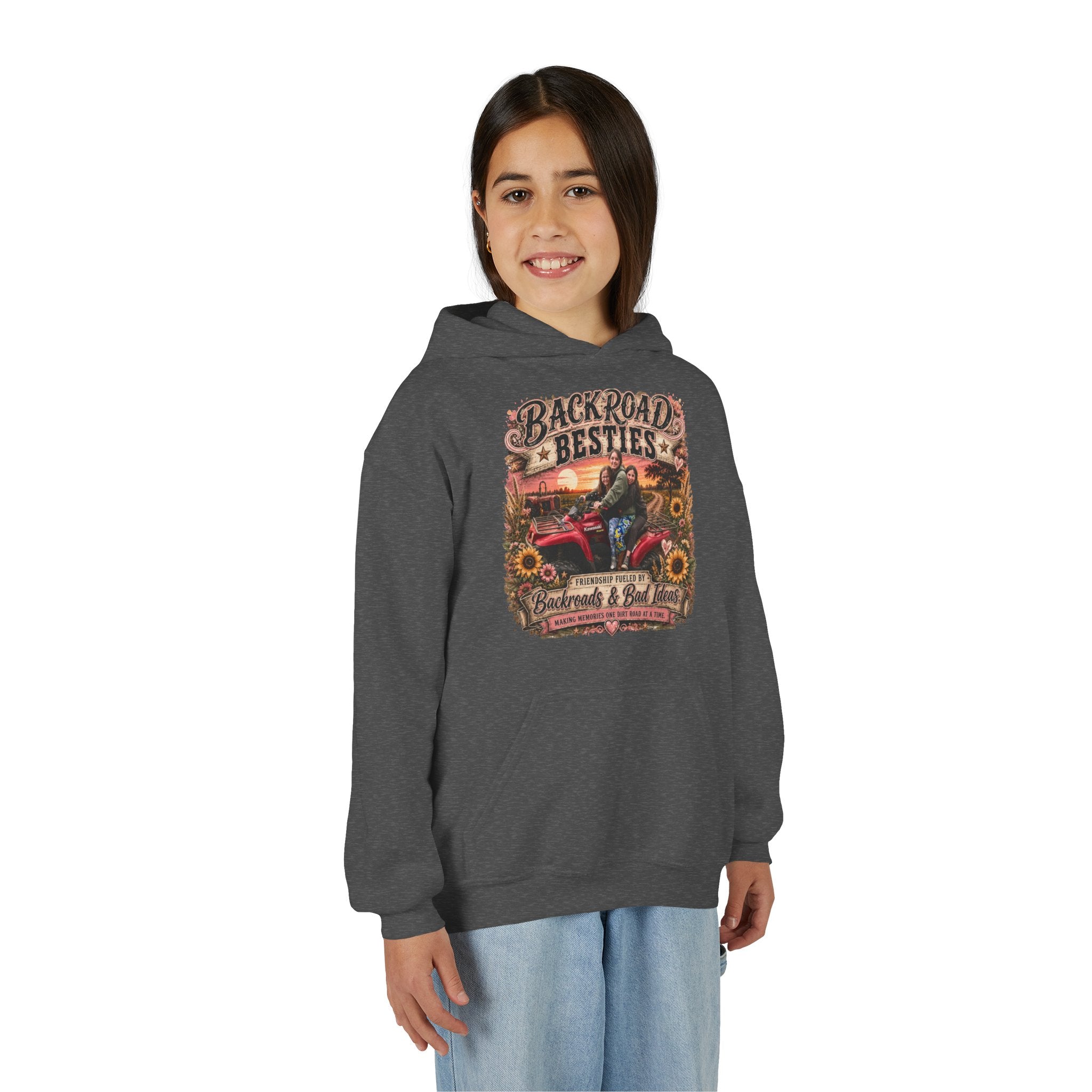"Backroad Besties" Vintage Truck & Sunflower — Graphic Youth Hoodie