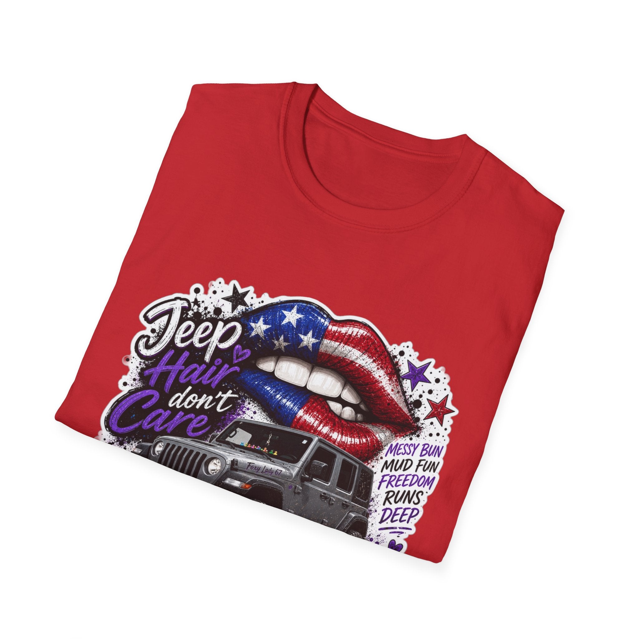 Jeep Hair Don't Care T-Shirt — American Flag Lips Off-Road Truck Tee