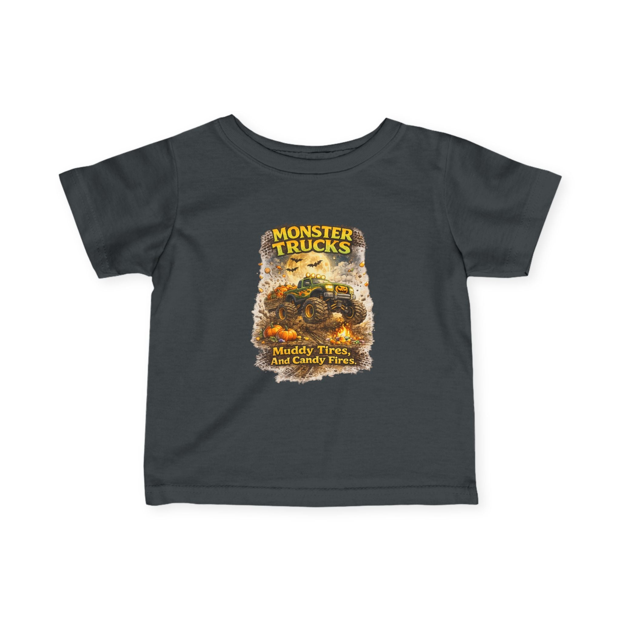 "Monster Trucks: Muddy Tires and Candy Flies" Cute Graphic Baby Shirt — Infant Tee