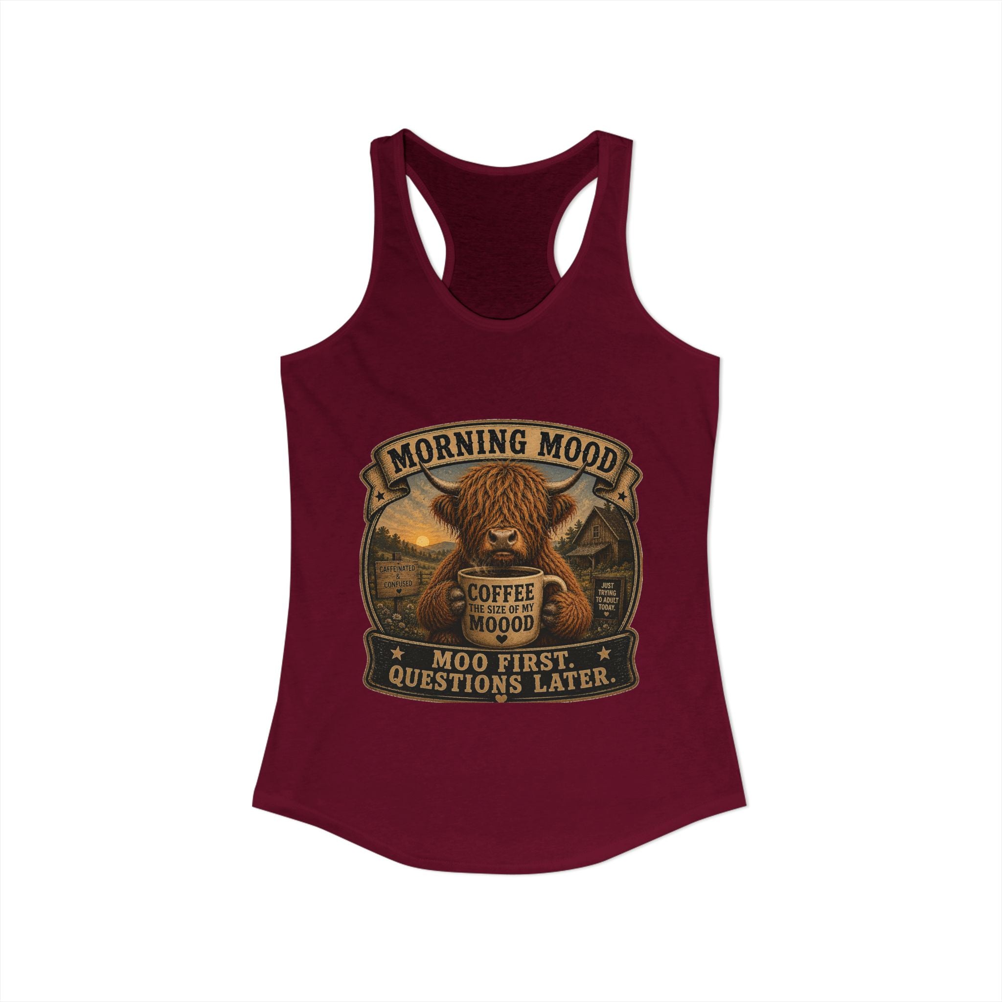 Morning Mood Highland Cow Women's Ideal Racerback Tank