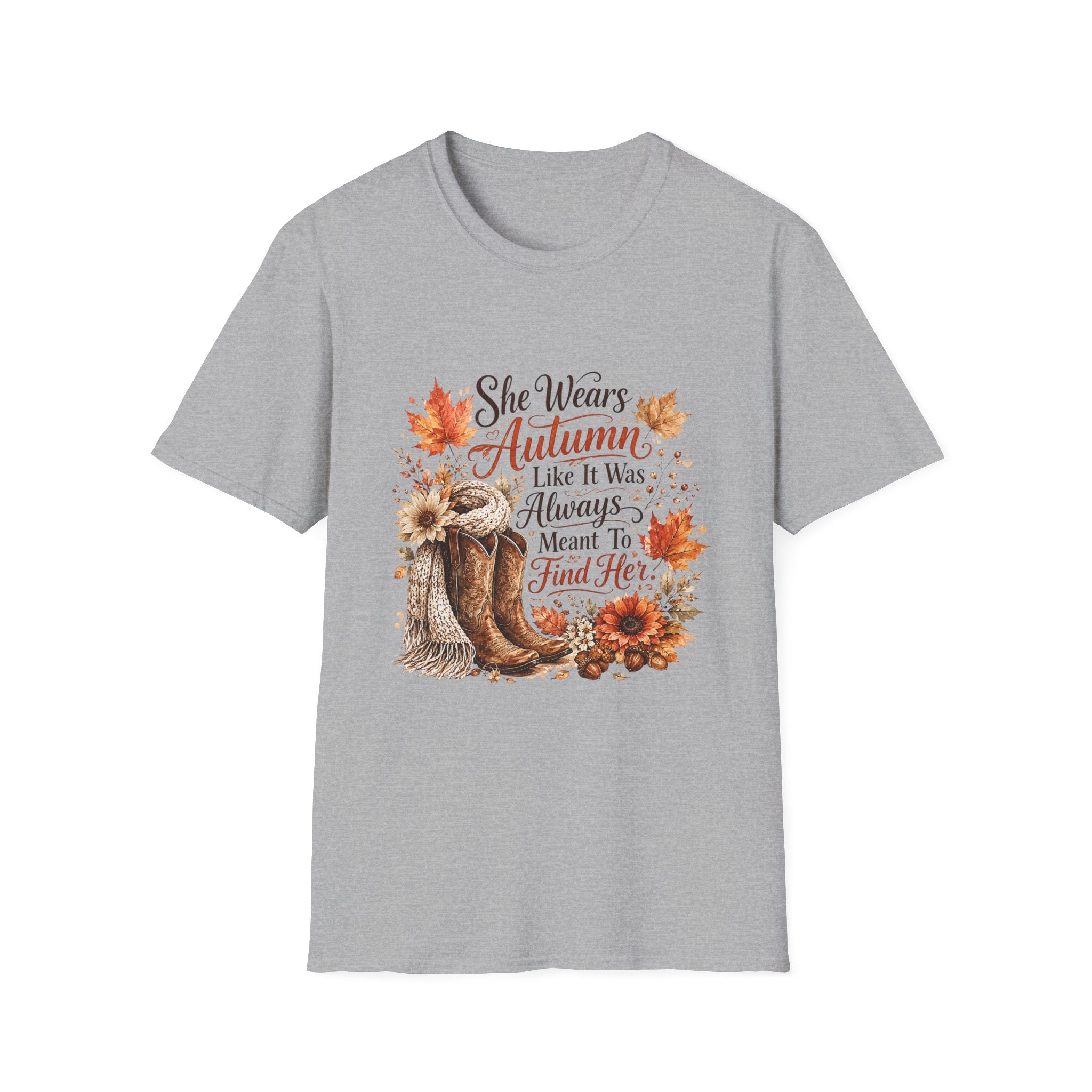 “She Wears Autumn Like It Was Always Meant To Find Her” Fall Graphic T-Shirt — Autumn Tee