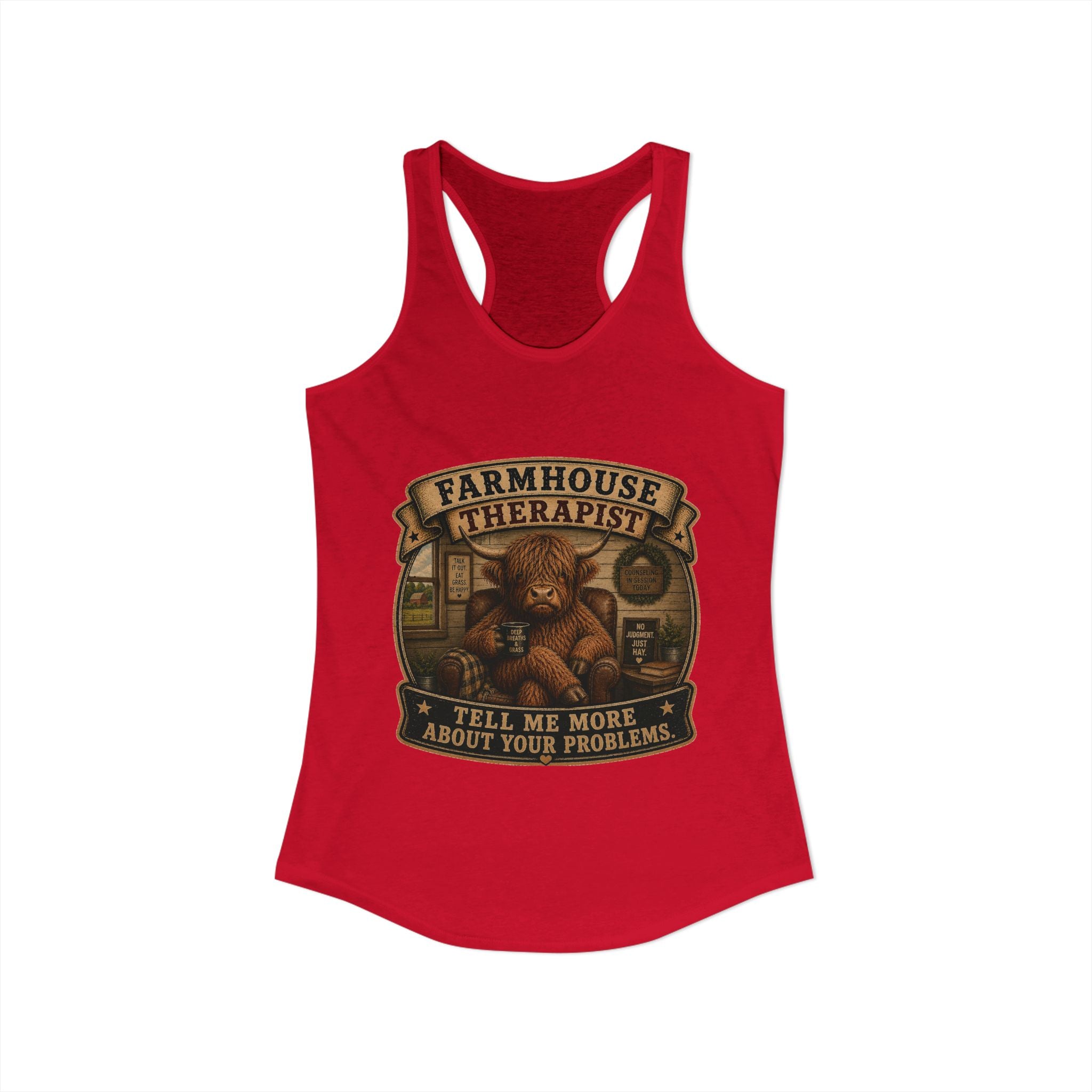 Farmhouse Therapist Highland Cow Women's Ideal Racerback Tank