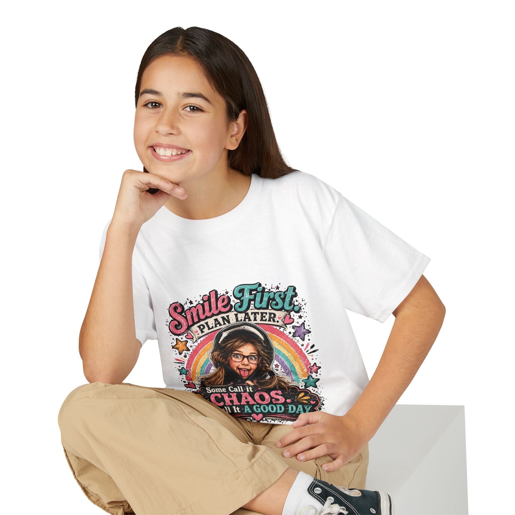 "Smile First, Plan Later" Funny Chaos Rainbow Kids Tee — Youth T-Shirt