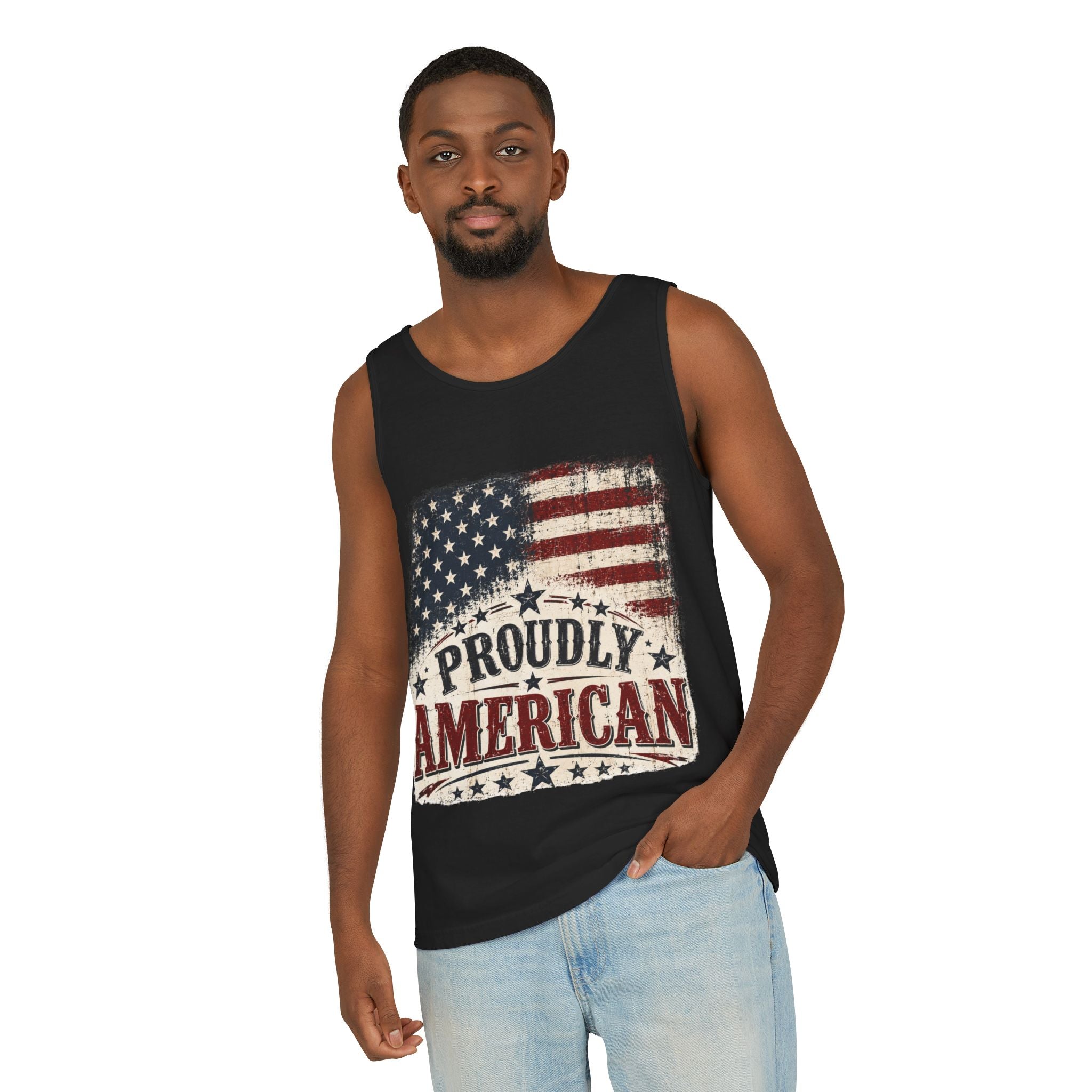 Proudly American Tank Top — Vintage Flag Fourth of July Patriotic Tee