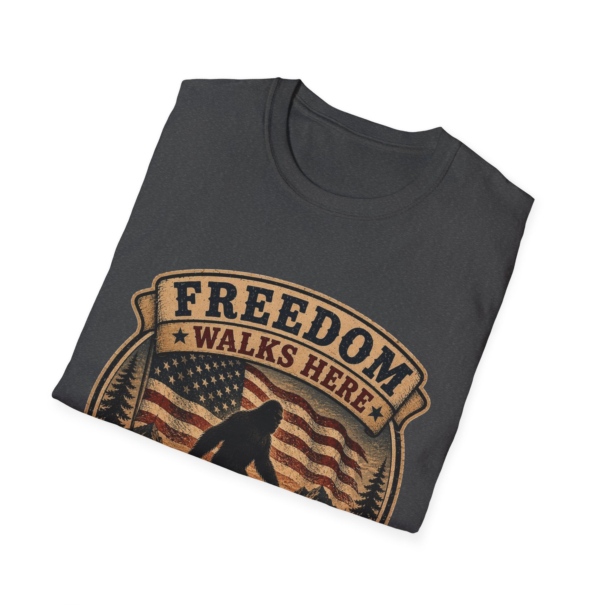 Freedom Walks Here T-Shirt — Patriotic Bigfoot Graphic Tee