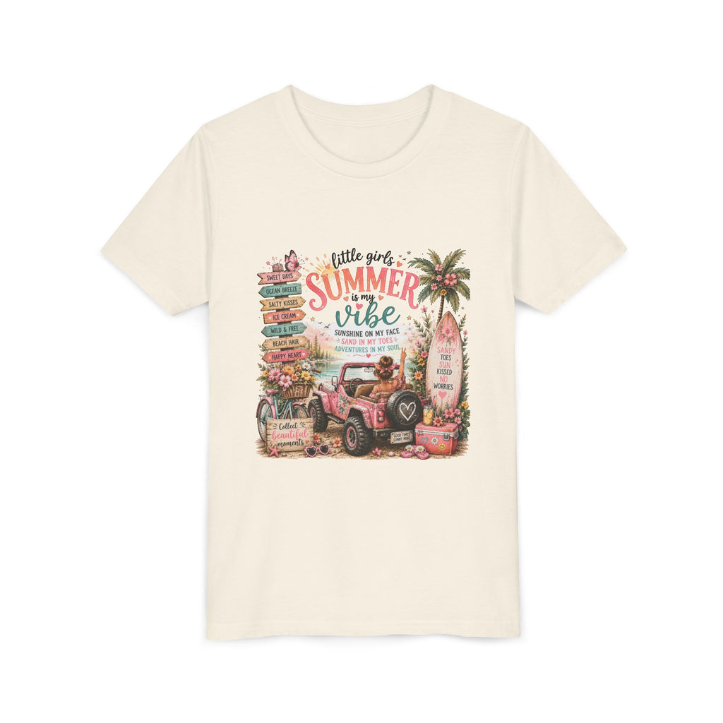 "Little Girls Summer Vibe" Tropical Jeep Surfboard Beach Graphic - Youth Tee