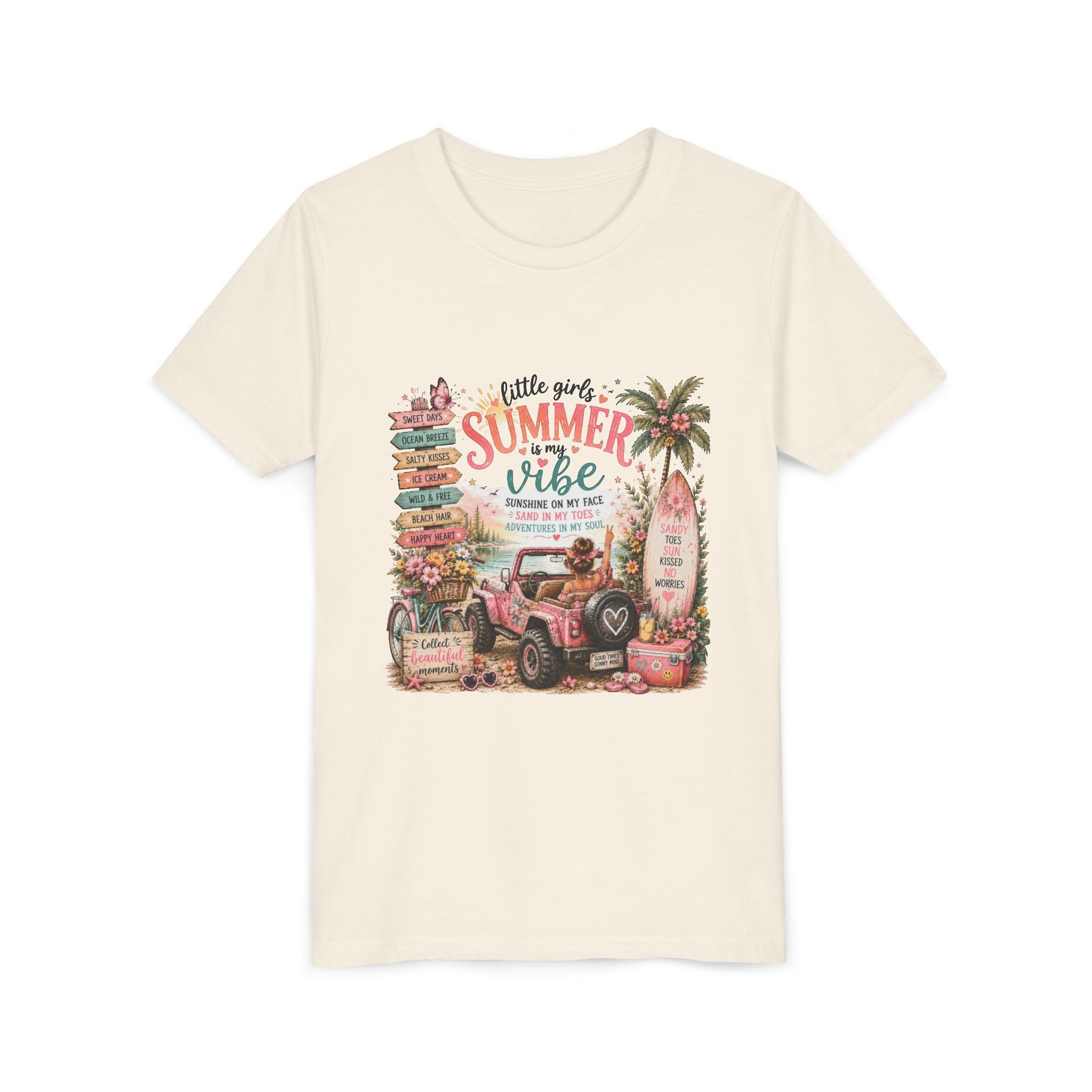 "Little Girls Summer Vibe" Tropical Jeep Surfboard Beach Graphic - Youth Tee