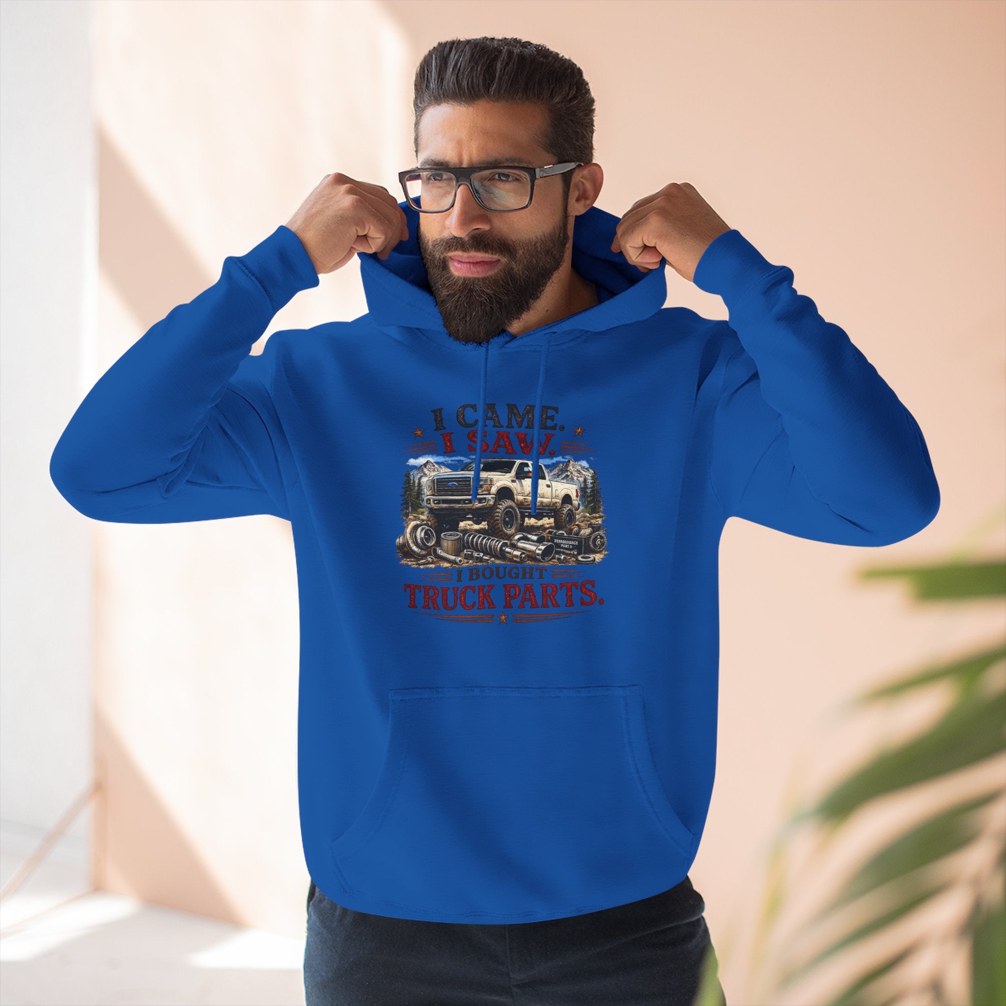 I Saw, I Came, I Bought Truck Parts Three-Panel Fleece Hoodie