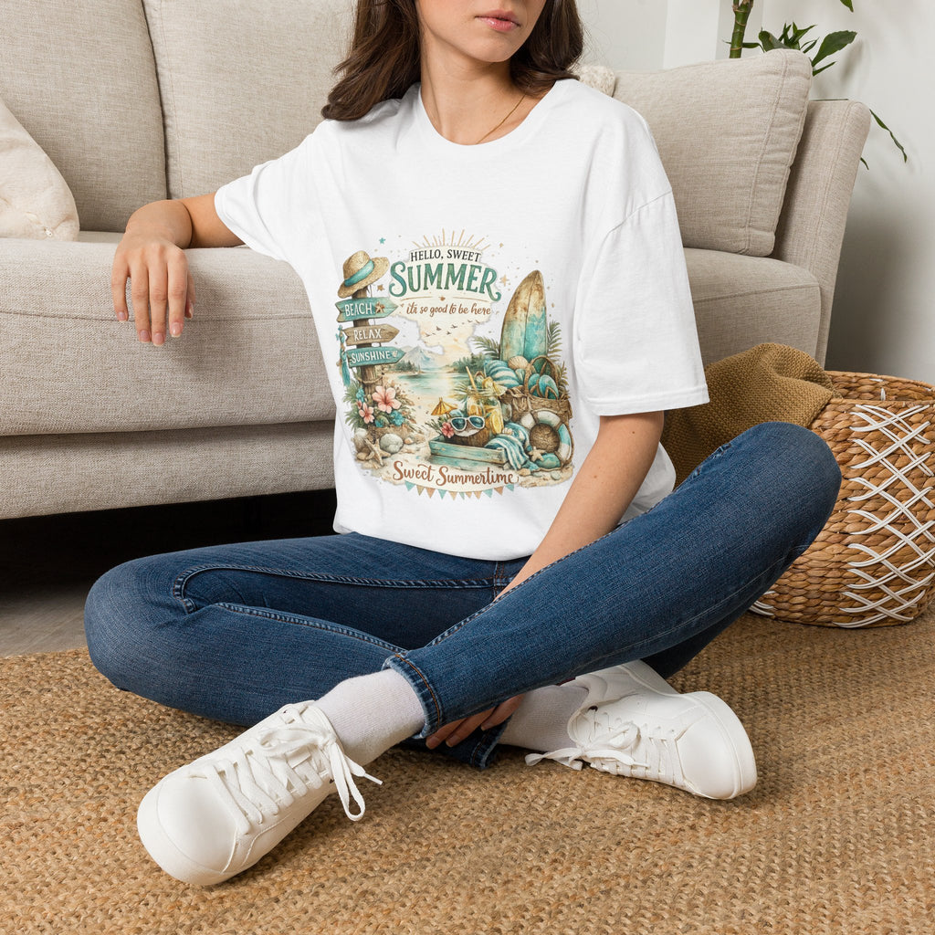 "Hello, Sweet Summer" Surf & Sunshine Graphic — Summer Beach T‑Shirt