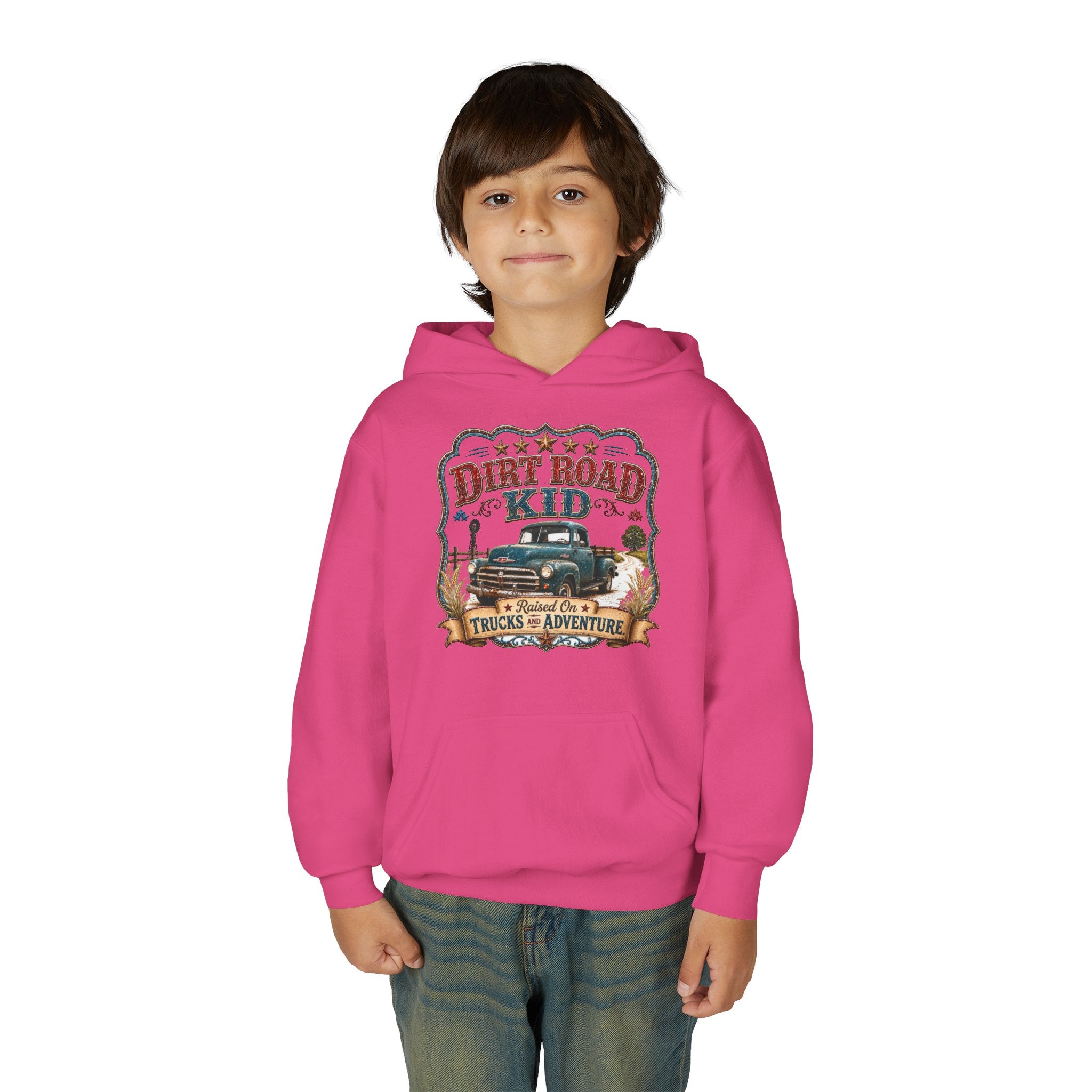 Youth Hoodie — “Dirt Road Kid” Vintage Truck Adventure Sweatshirt