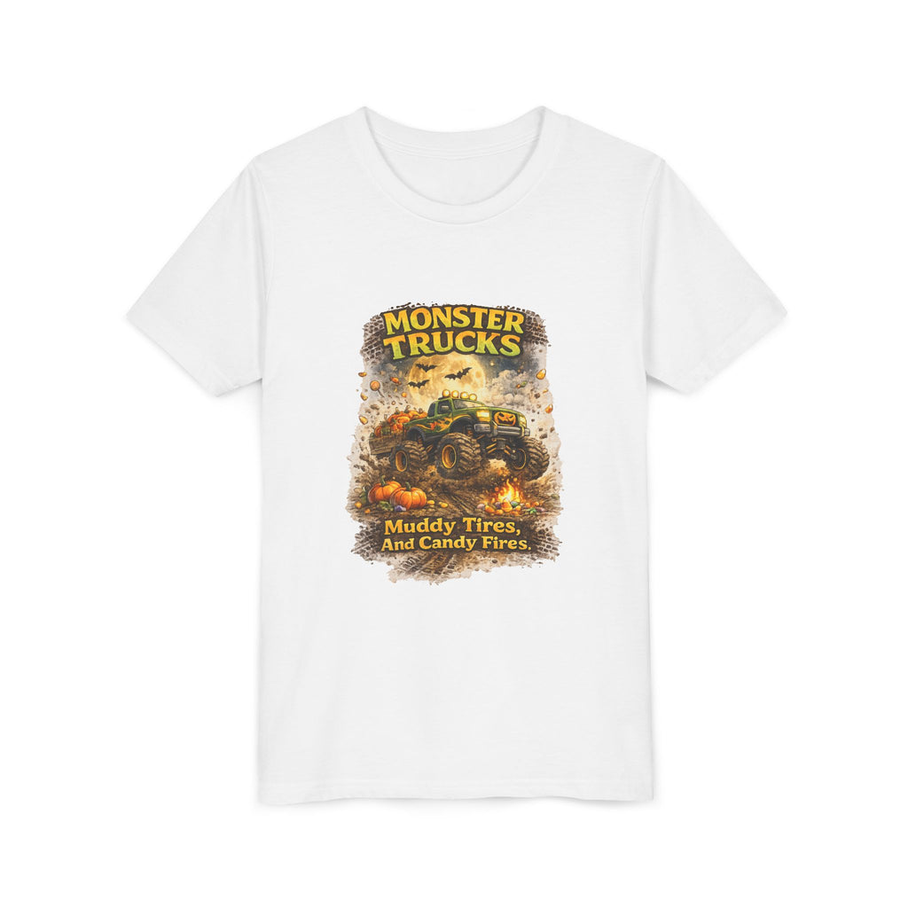 Monster Trucks Youth Tee - "Muddy Tires and Candy Fires" Halloween Kids Shirt