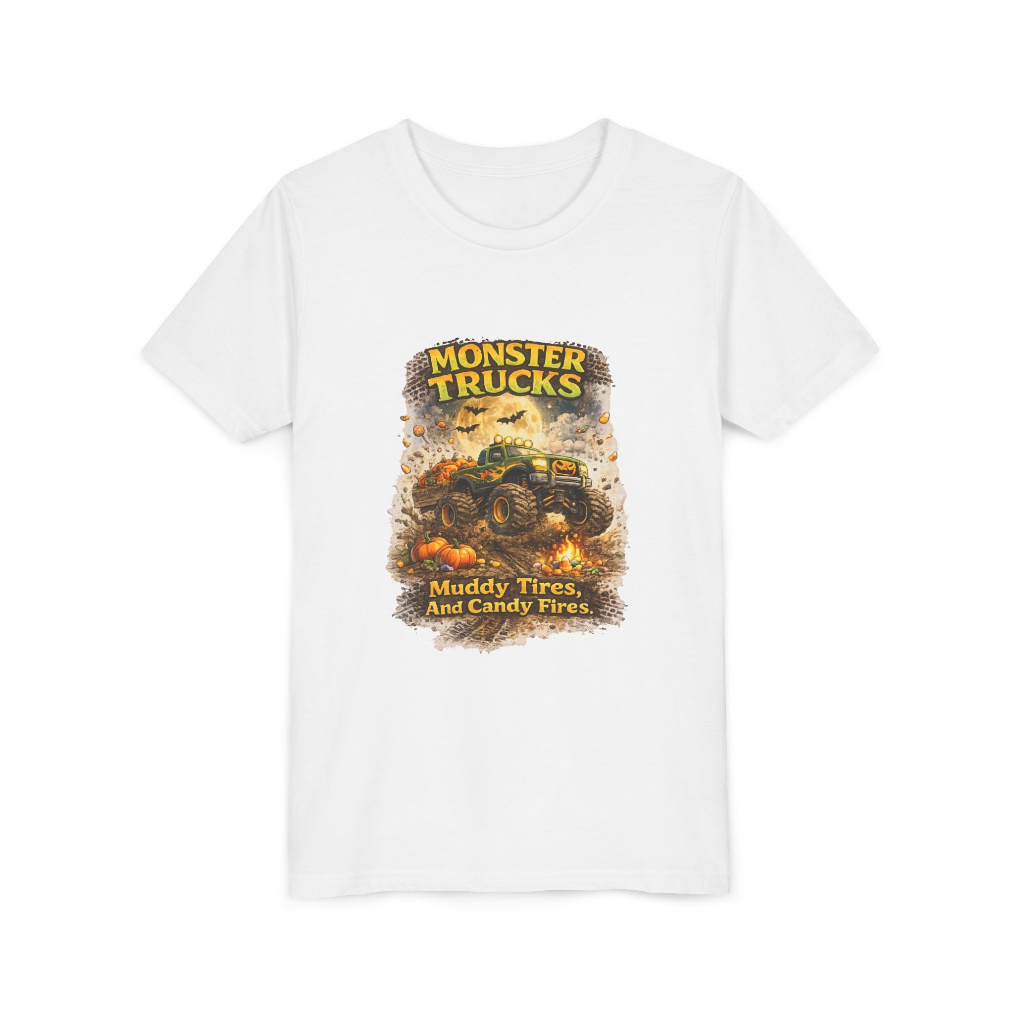 Monster Trucks Youth Tee - "Muddy Tires and Candy Fires" Halloween Kids Shirt