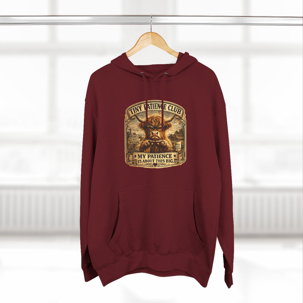 Tiny Patience Club Highland Cow Three-Panel Fleece Hoodie