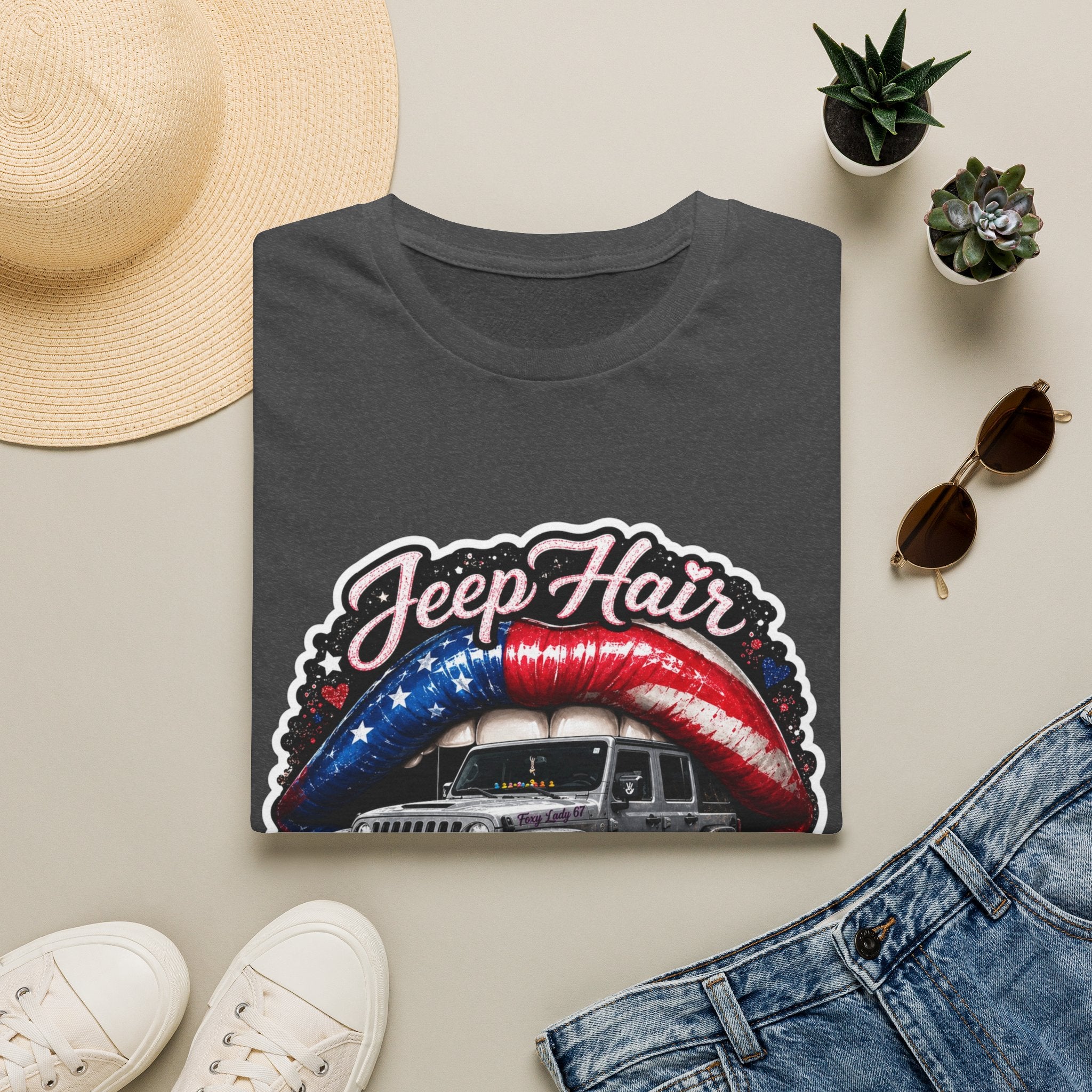 Jeep Hair Don't Care T-Shirt — American Flag Lips Off‑Road Graphic Tee