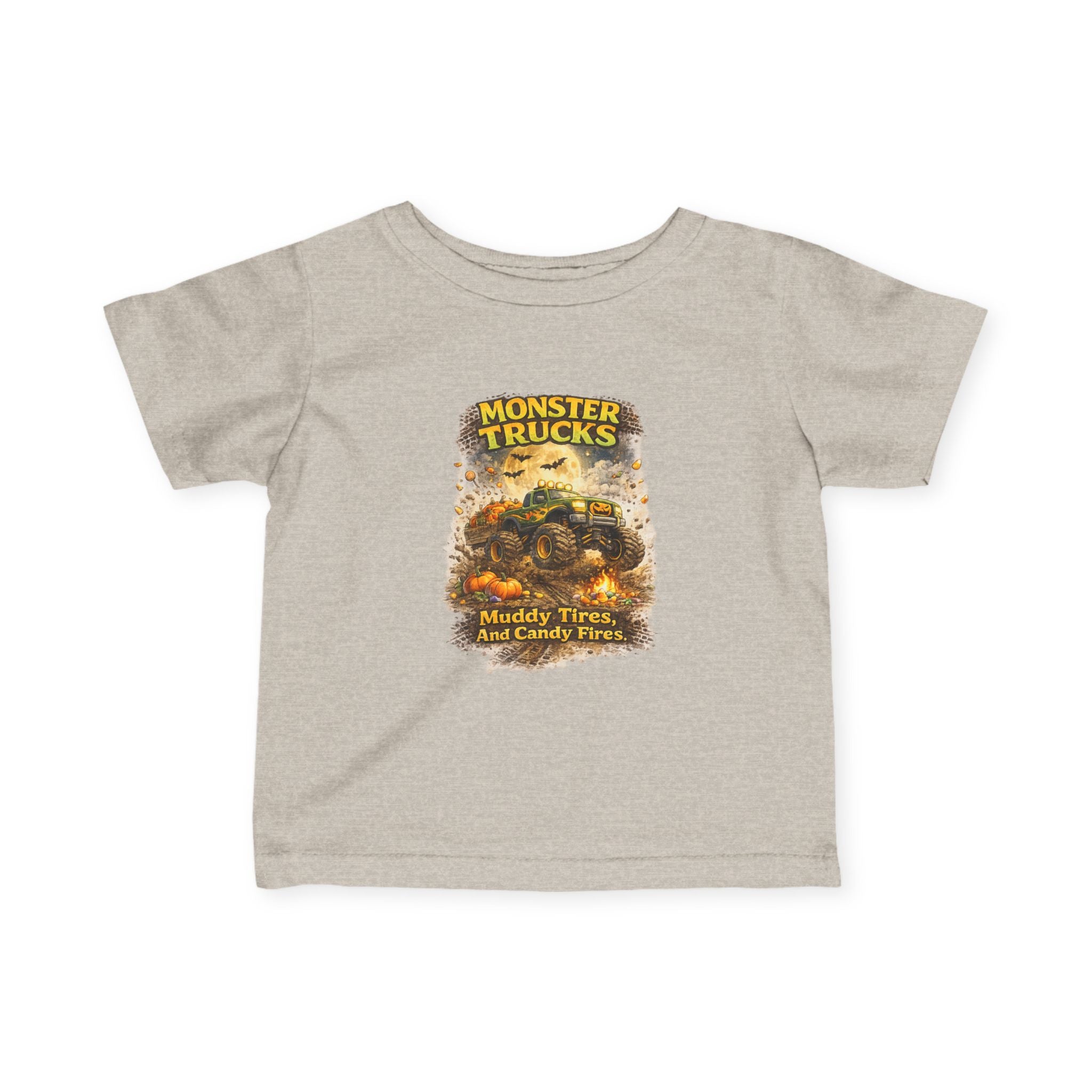 "Monster Trucks: Muddy Tires and Candy Flies" Cute Graphic Baby Shirt — Infant Tee