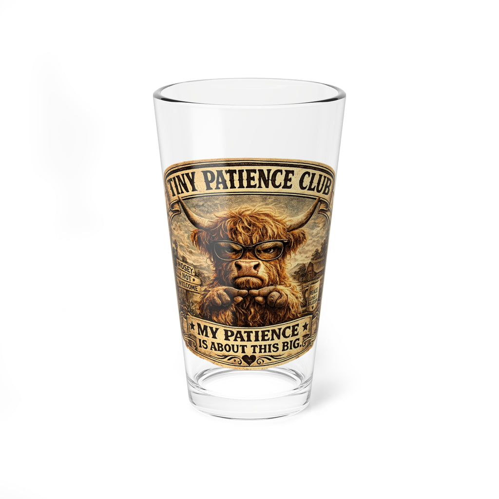 'Tiny Patience Club' Highland Cow Cocktail Pint Glass — 16oz Mixing Glass