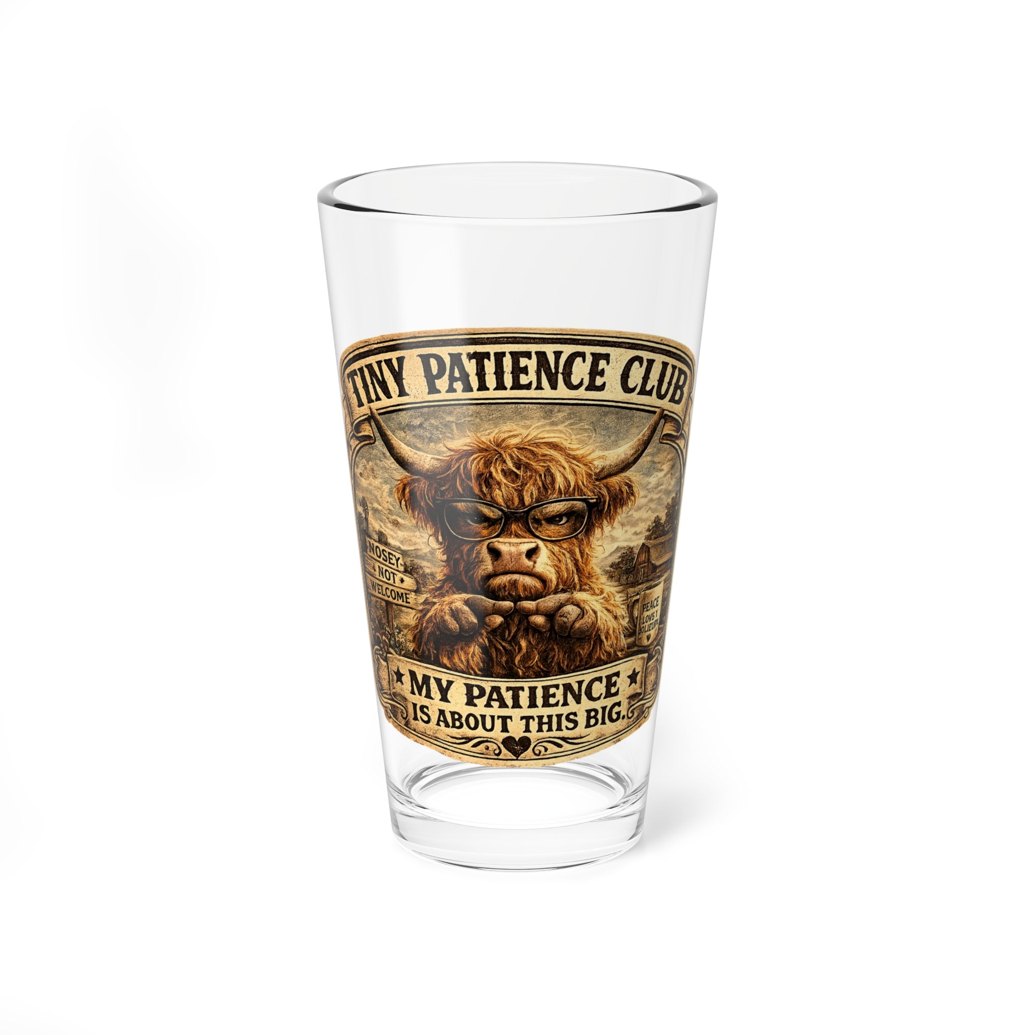 'Tiny Patience Club' Highland Cow Cocktail Pint Glass — 16oz Mixing Glass