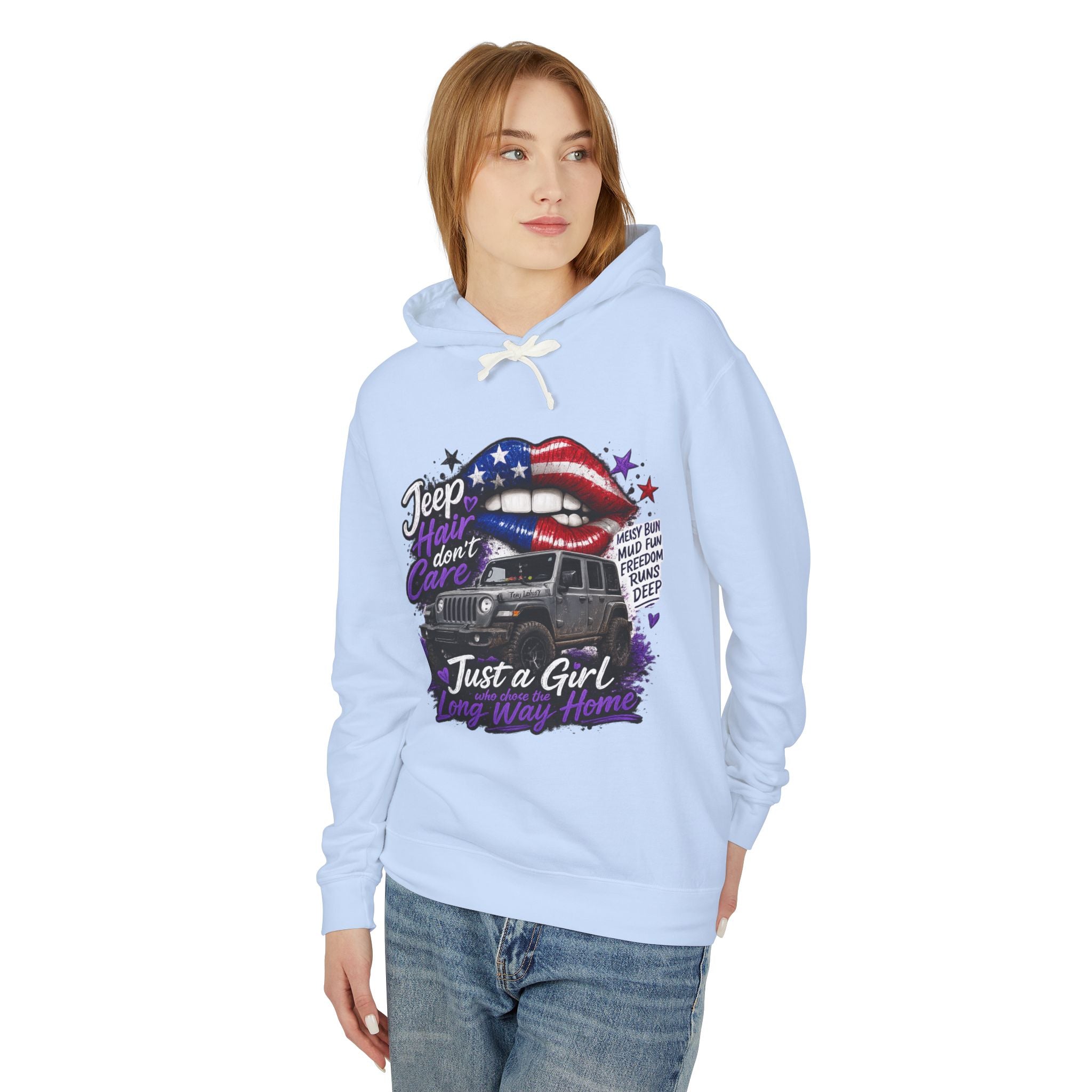 Jeep Just a Girl Hoodie – American Flag Lips Off-Road Sweatshirt