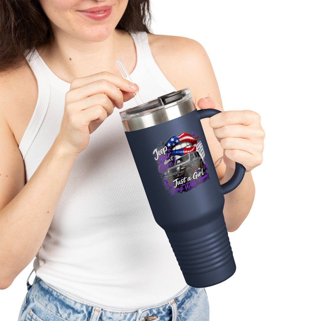 "Jeep Hair Don't Care" Patriotic Truck Design — 40oz Insulated Travel Mug