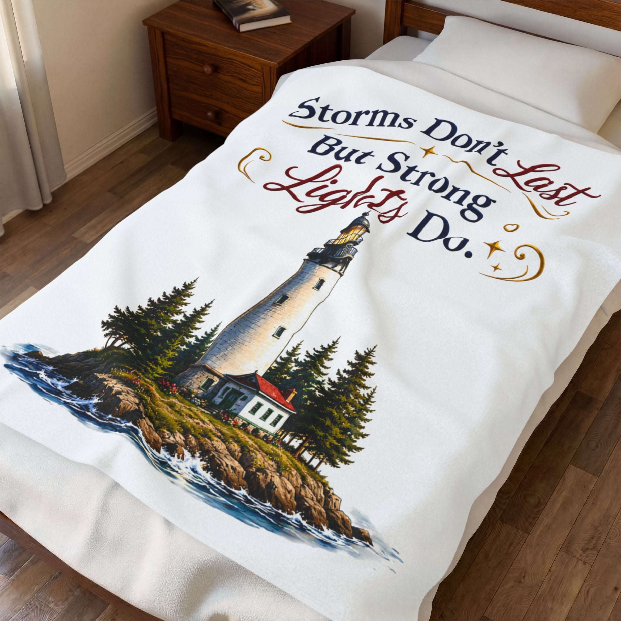 "Storms Don't Last But Strong Lights Do" Cozy Throw — Lighthouse Velveteen Plush Blanket