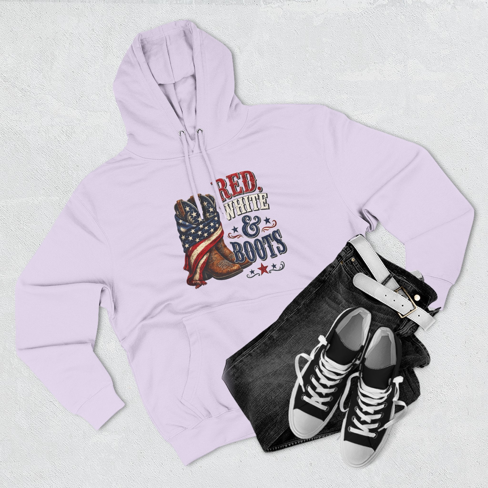Patriotic 'Red White & Boots' Hoodie — American Flag Cowboy Boots Pullover