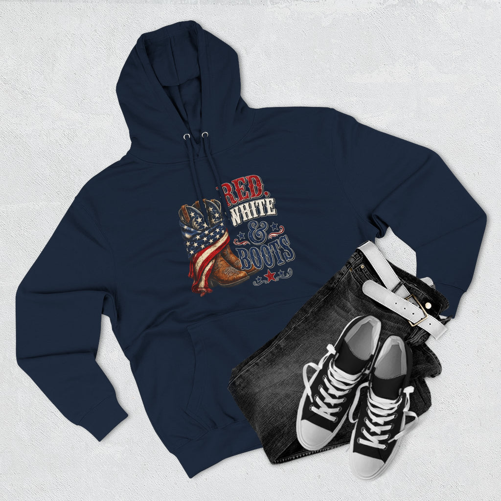 Patriotic 'Red White & Boots' Hoodie — American Flag Cowboy Boots Pullover