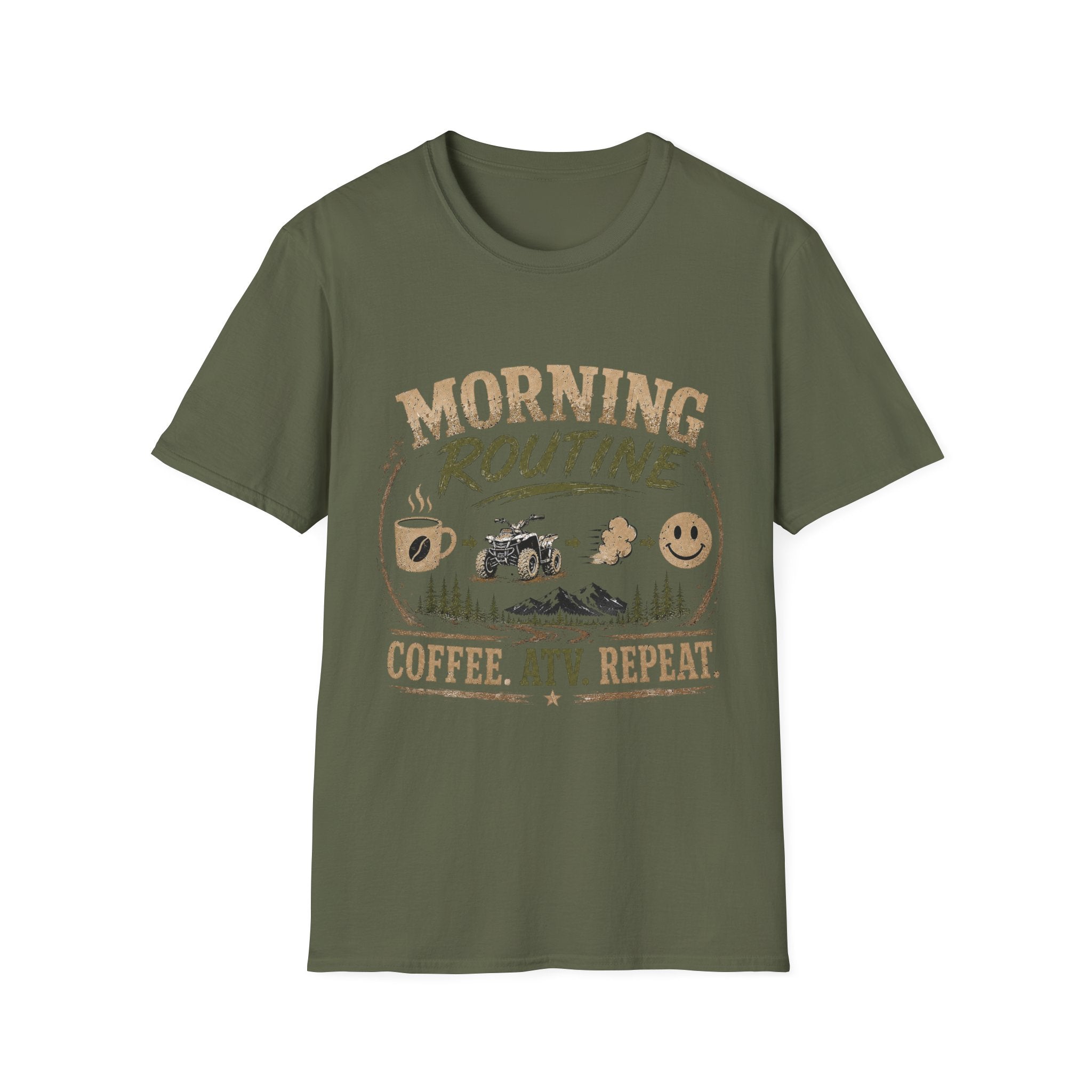 Morning Routine T-Shirt — “Coffee. ATV. Repeat.” Outdoor Adventure Graphic Tee