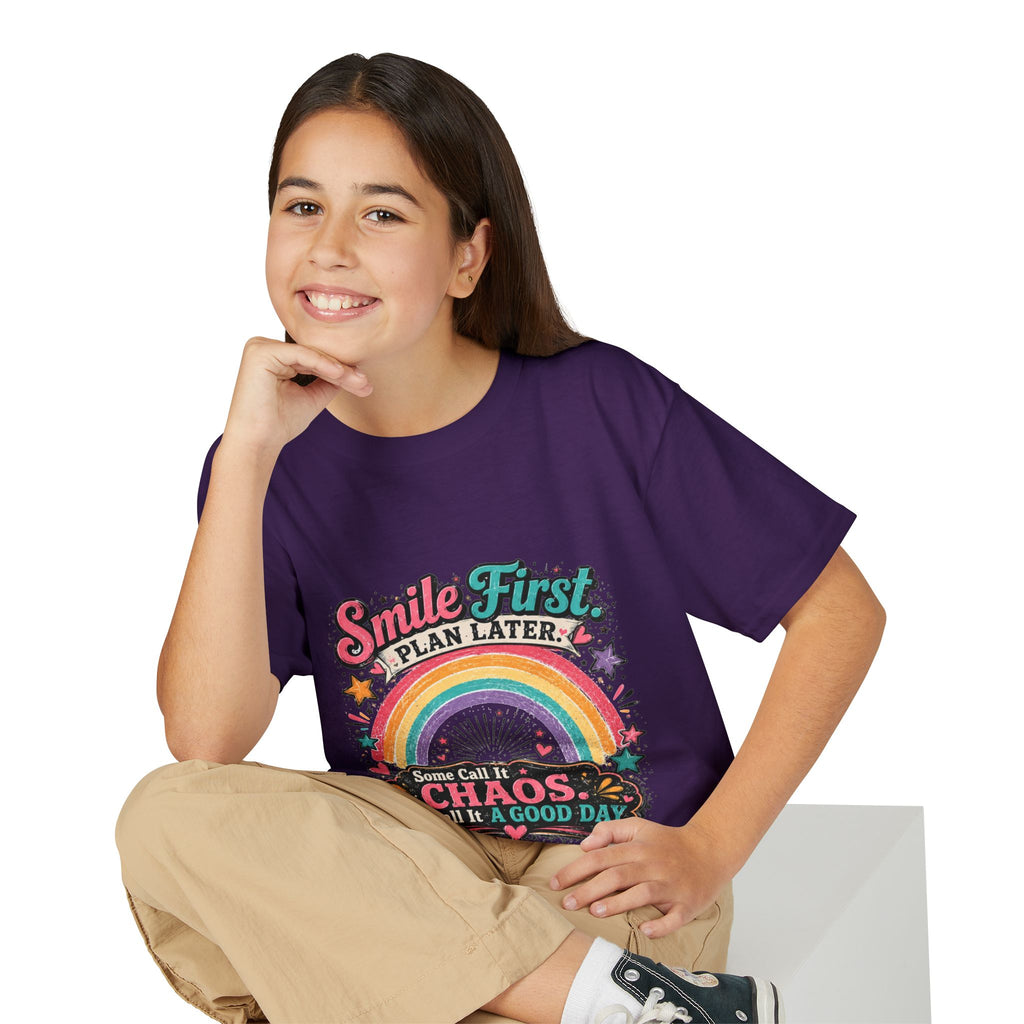 "Smile First, Plan Later" Rainbow Chaos Graphic Tee - Youth T-Shirt —