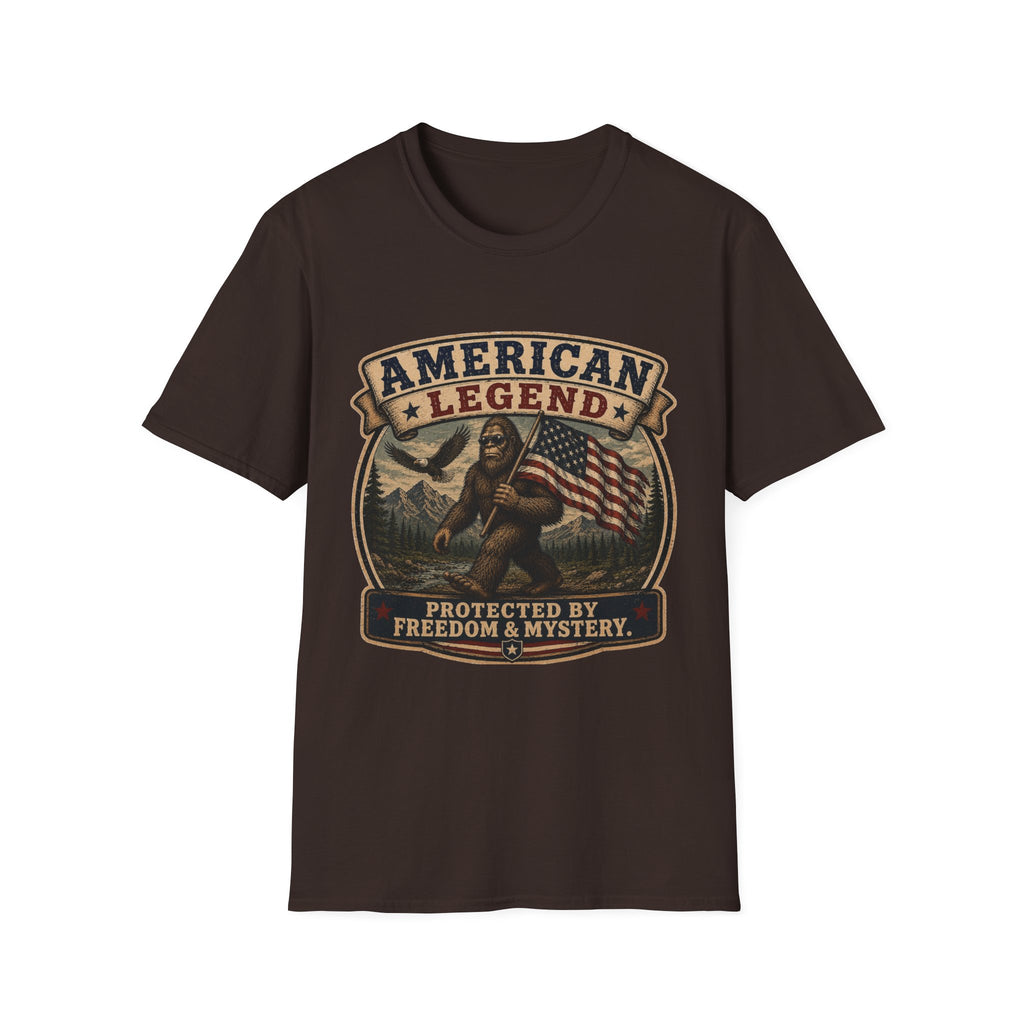 American Legend T-Shirt — Patriotic Bigfoot Design ("Protected by Freedom & Mystery")
