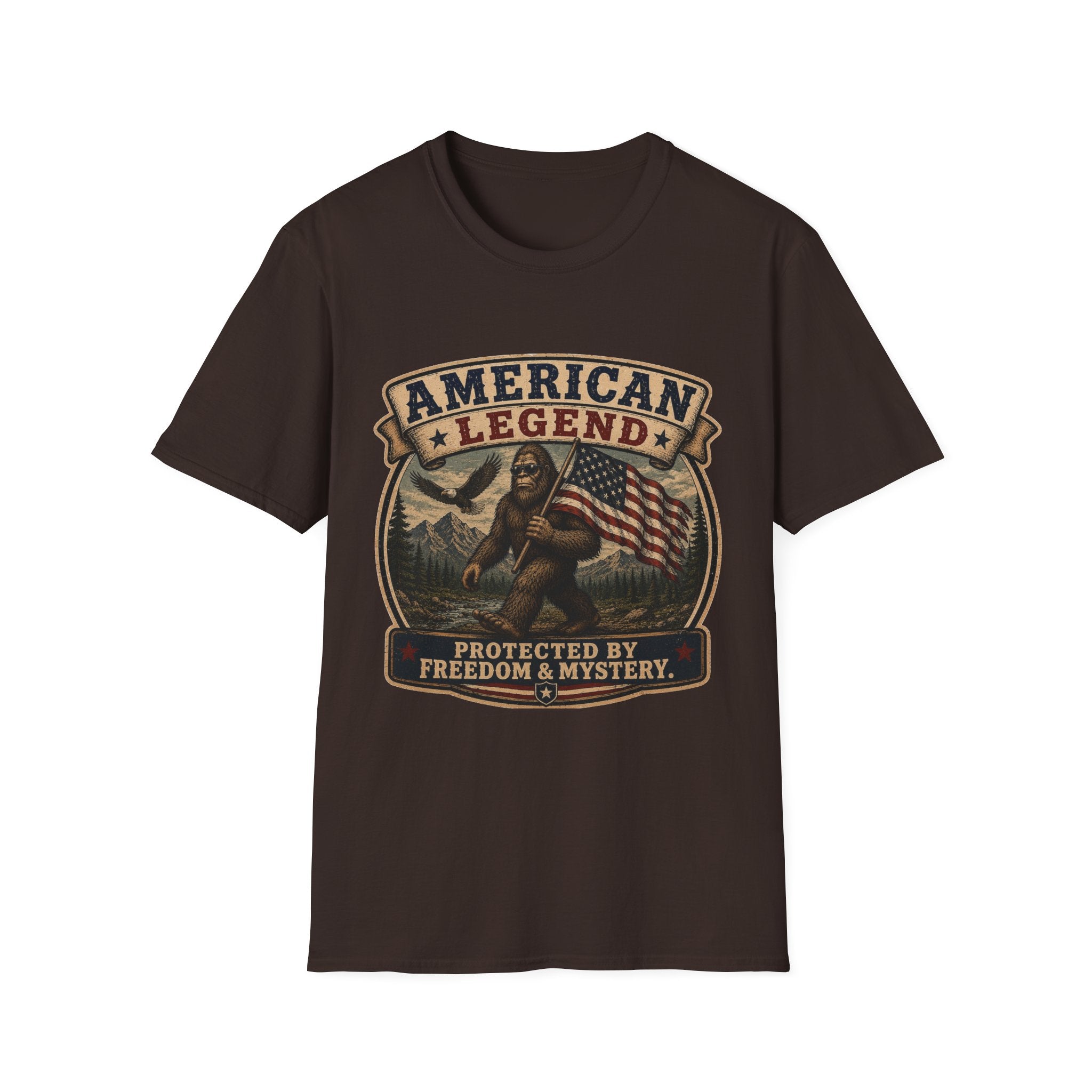 American Legend T-Shirt — Patriotic Bigfoot Design ("Protected by Freedom & Mystery")