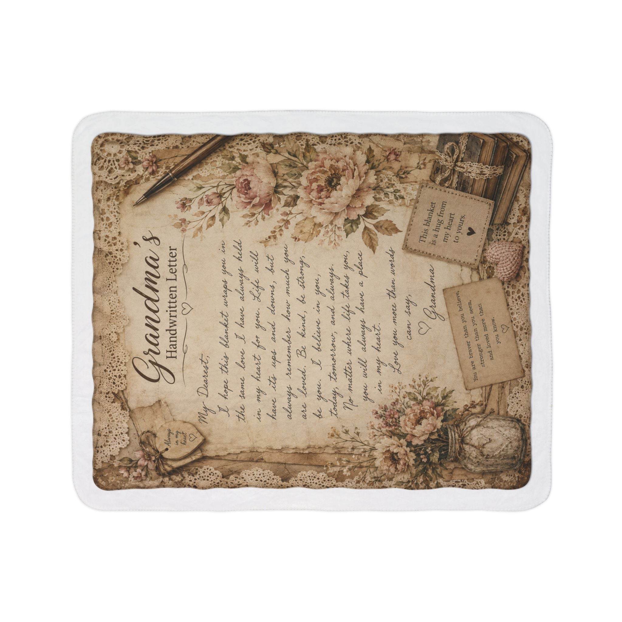 Grandma’s Handwritten Letter Fleece Sherpa Blanket — Vintage Floral Keepsake