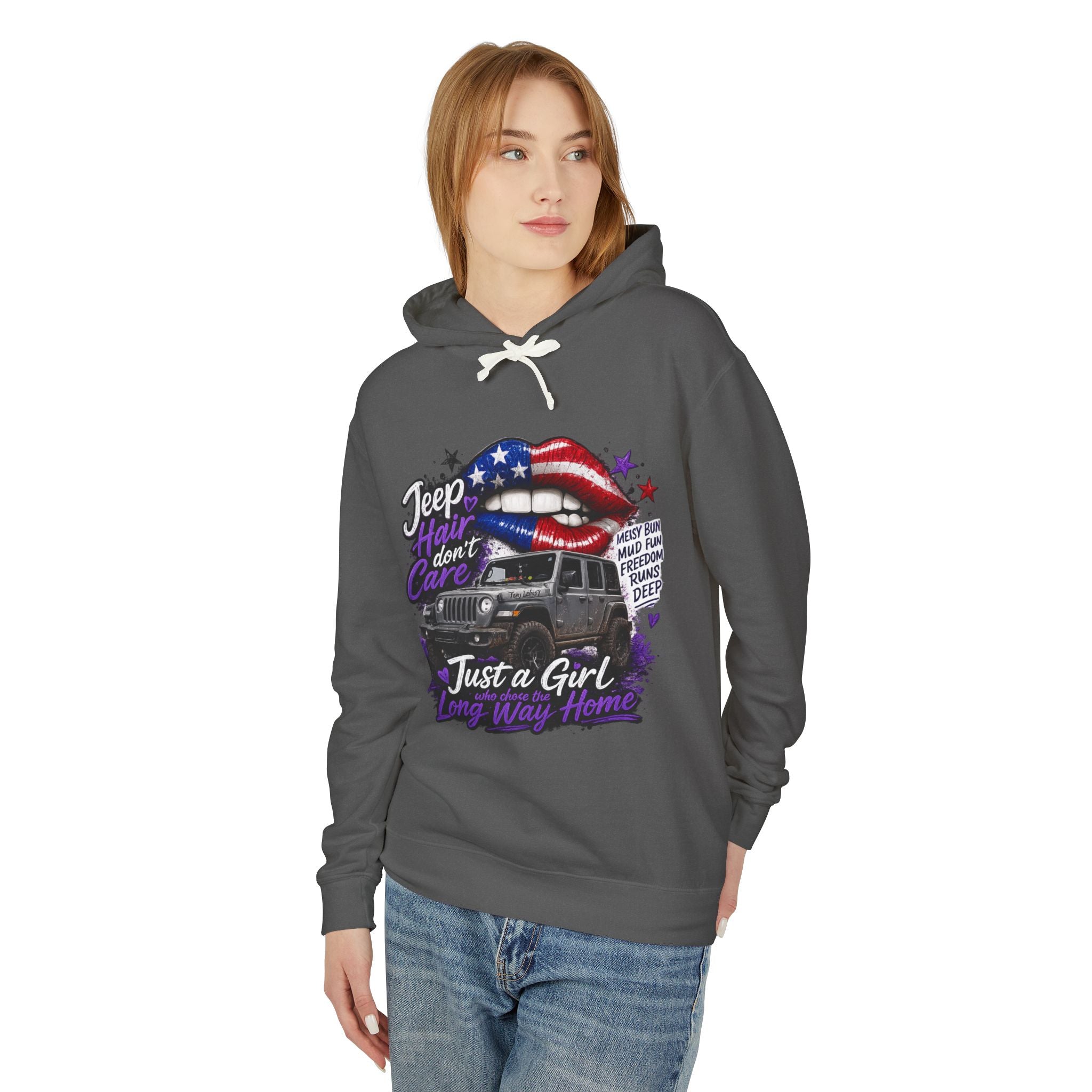 Jeep Just a Girl Hoodie – American Flag Lips Off-Road Sweatshirt