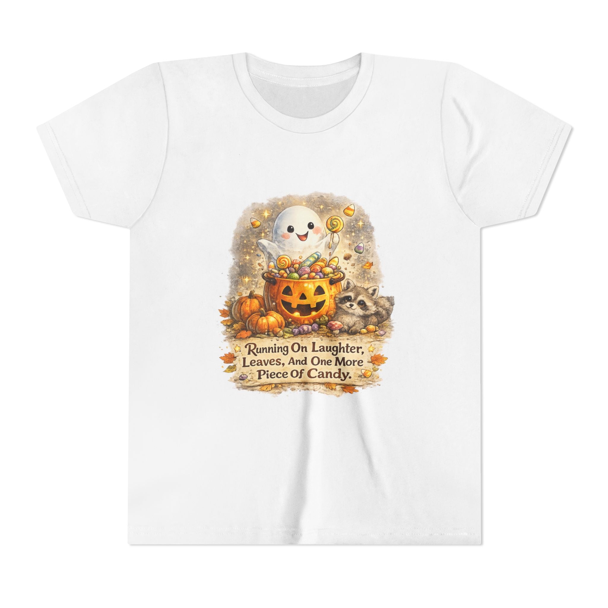 Cute Ghost, Pumpkin Candy & 'Running On Laughter, Leaves, And One More Piece Of Candy' — Youth Halloween Tee