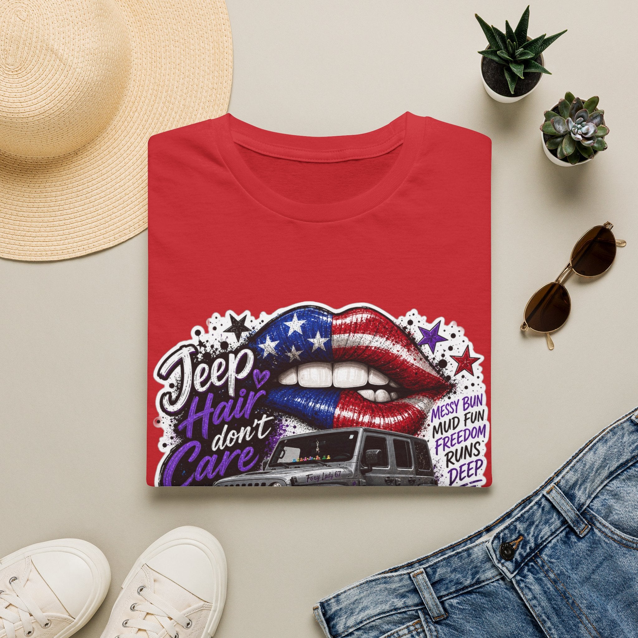 Jeep Hair Don't Care T-Shirt — American Flag Lips Off-Road Truck Tee