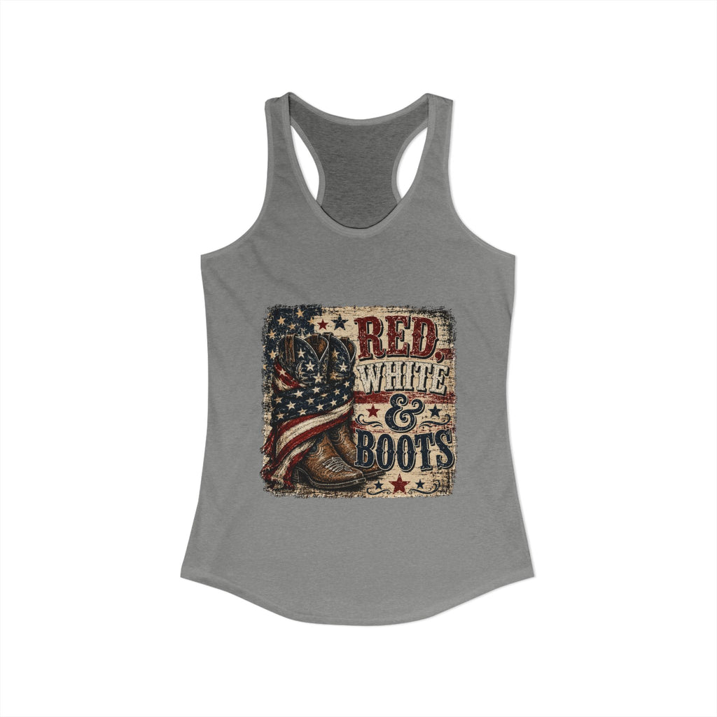 Patriotic "Red White & Boots" Women's Ideal Racerback Tank— American Flag Cowboy Boot Tank