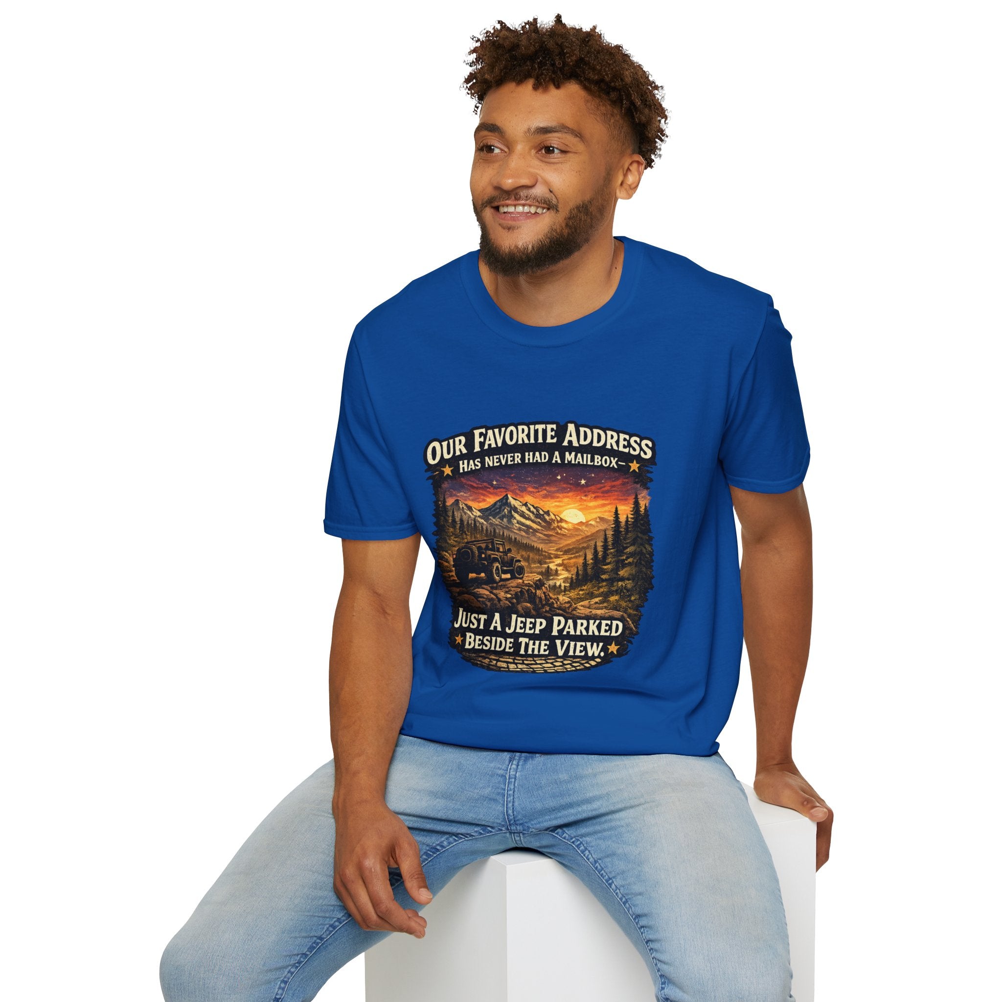 "Our Favorite Address Has Never Had a Mailbox" Scenic Mountain Camping Tee — T-Shirt