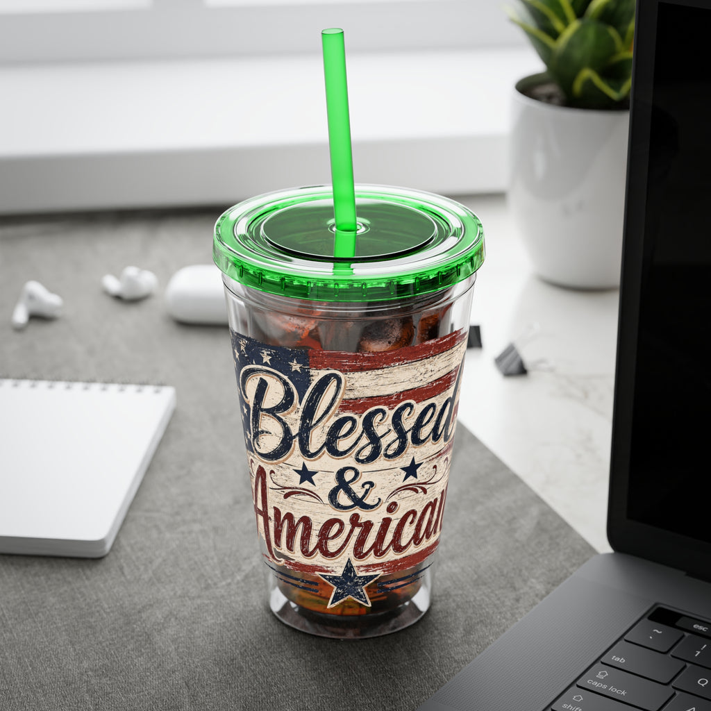 Blessed & American Sunsplash Tumbler with Straw, 16oz