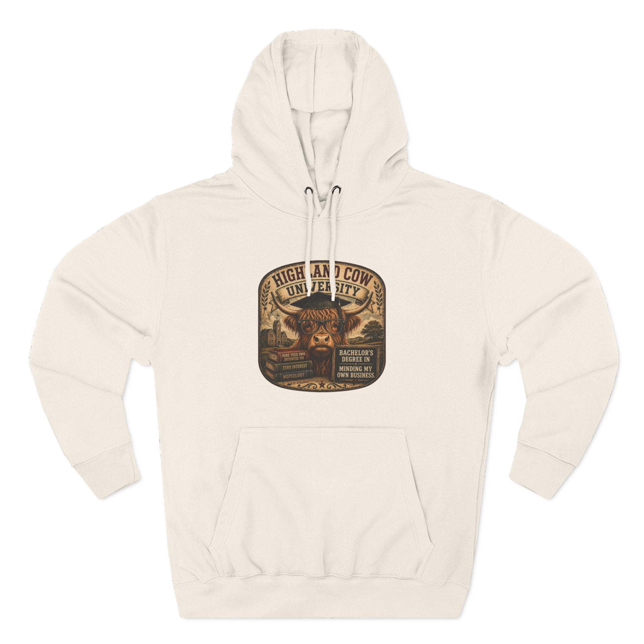 Highland Cow University Three-Panel Fleece Hoodie
