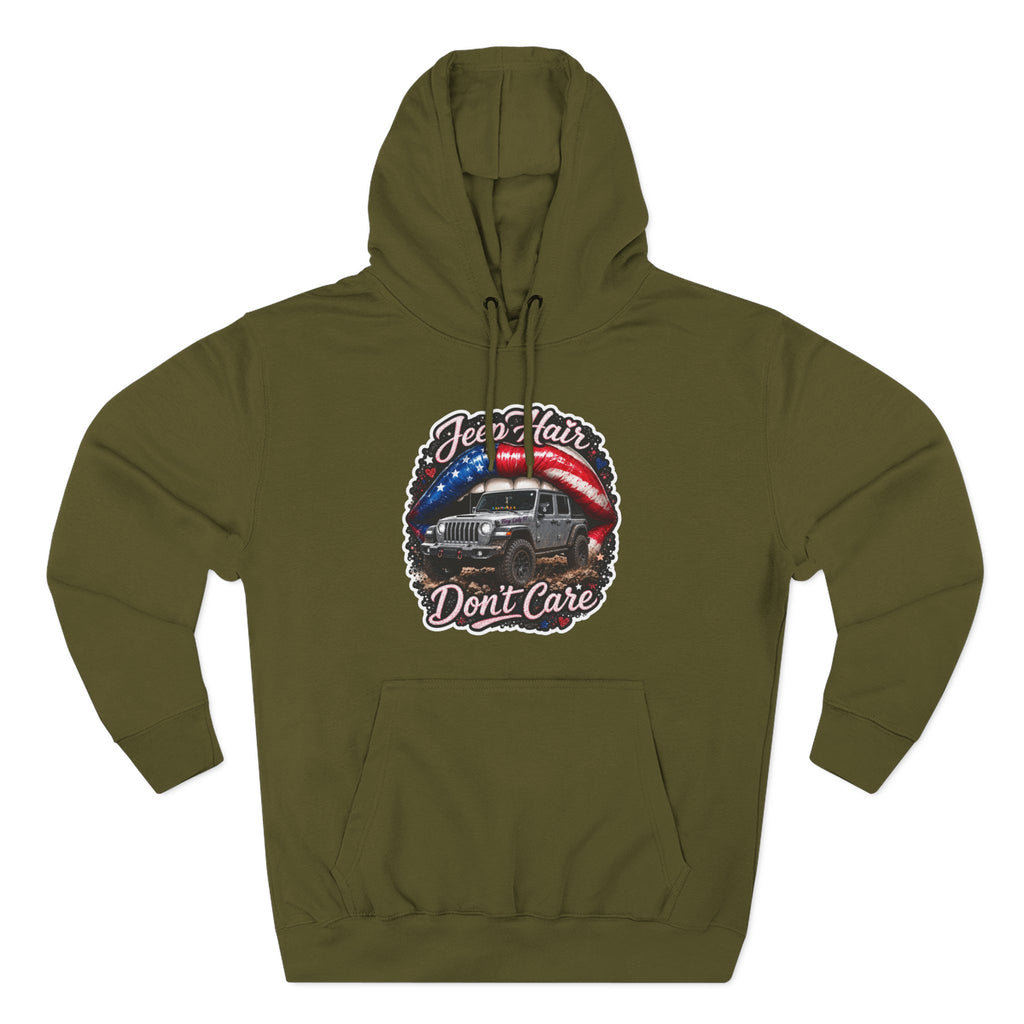 "Jeep Hair Don't Care" Graphic Fleece Pullover - Patriotic Jeep Hoodie