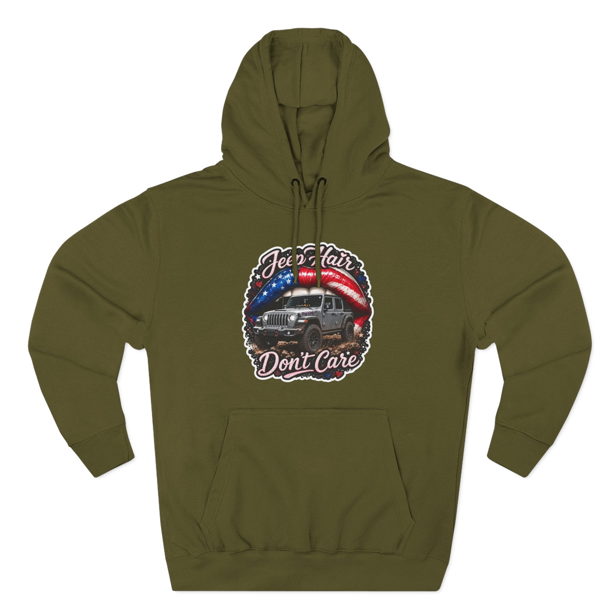 "Jeep Hair Don't Care" Graphic Fleece Pullover - Patriotic Jeep Hoodie