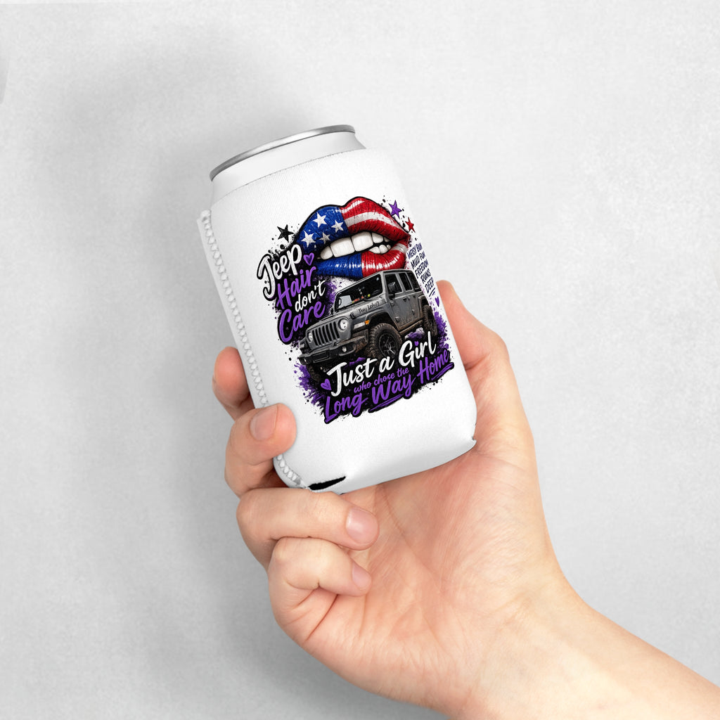 “Jeep Hair Don’t Care” Patriotic Off‑Road Girl Koozie Can Cooler Sleeve