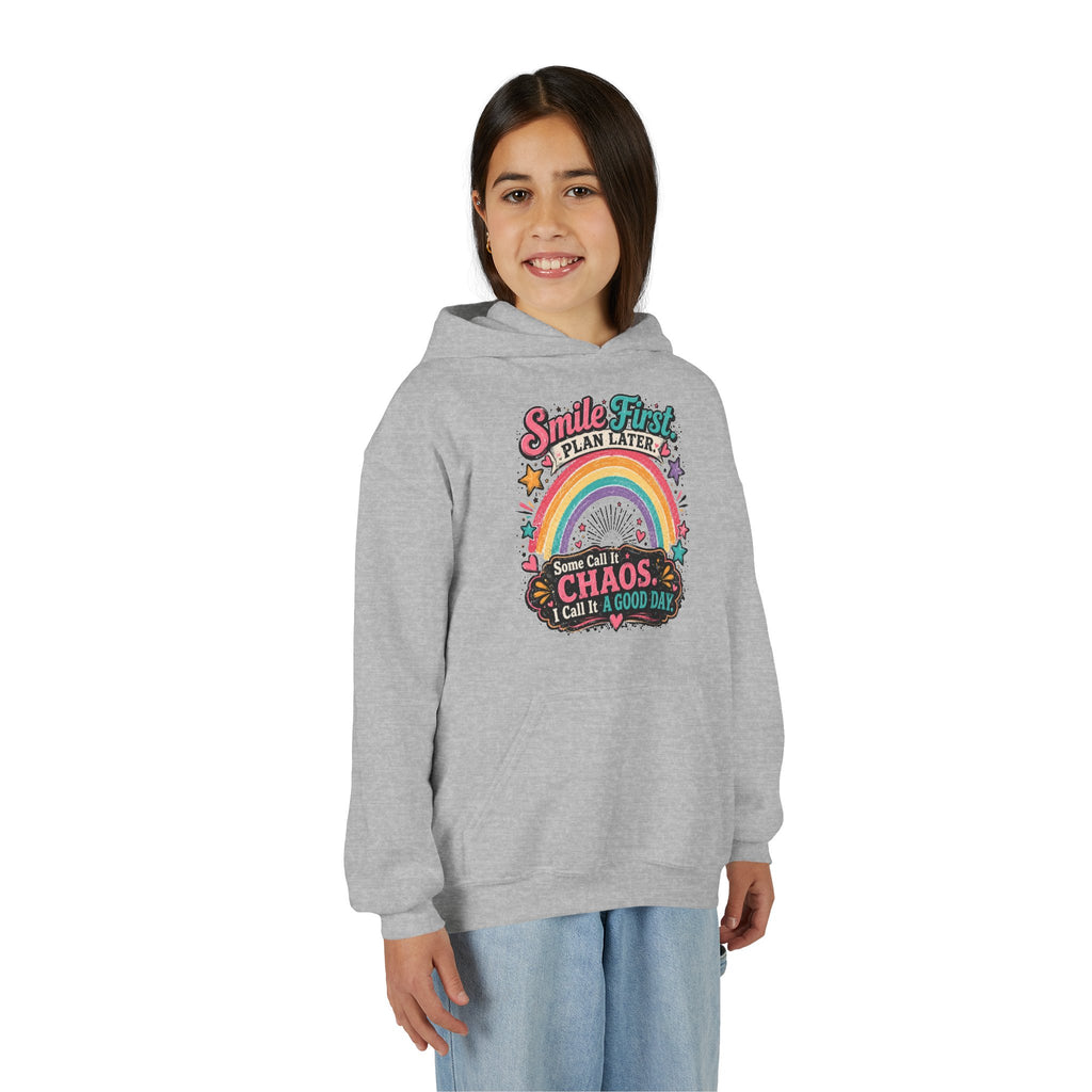 "Smile First, Plan Later" Rainbow Chaos Quote Pullover - Youth Hoodie -