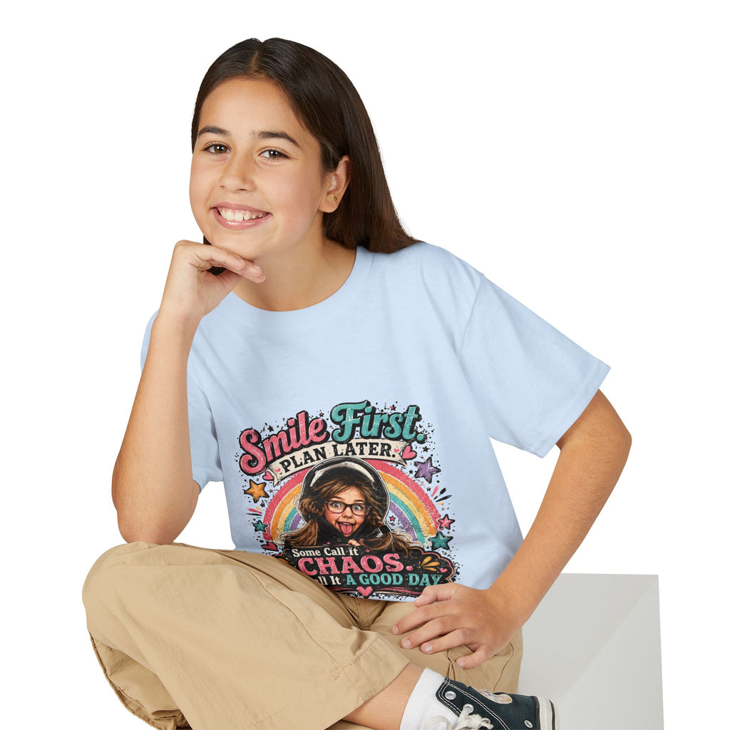 "Smile First, Plan Later" Funny Chaos Rainbow Kids Tee — Youth T-Shirt