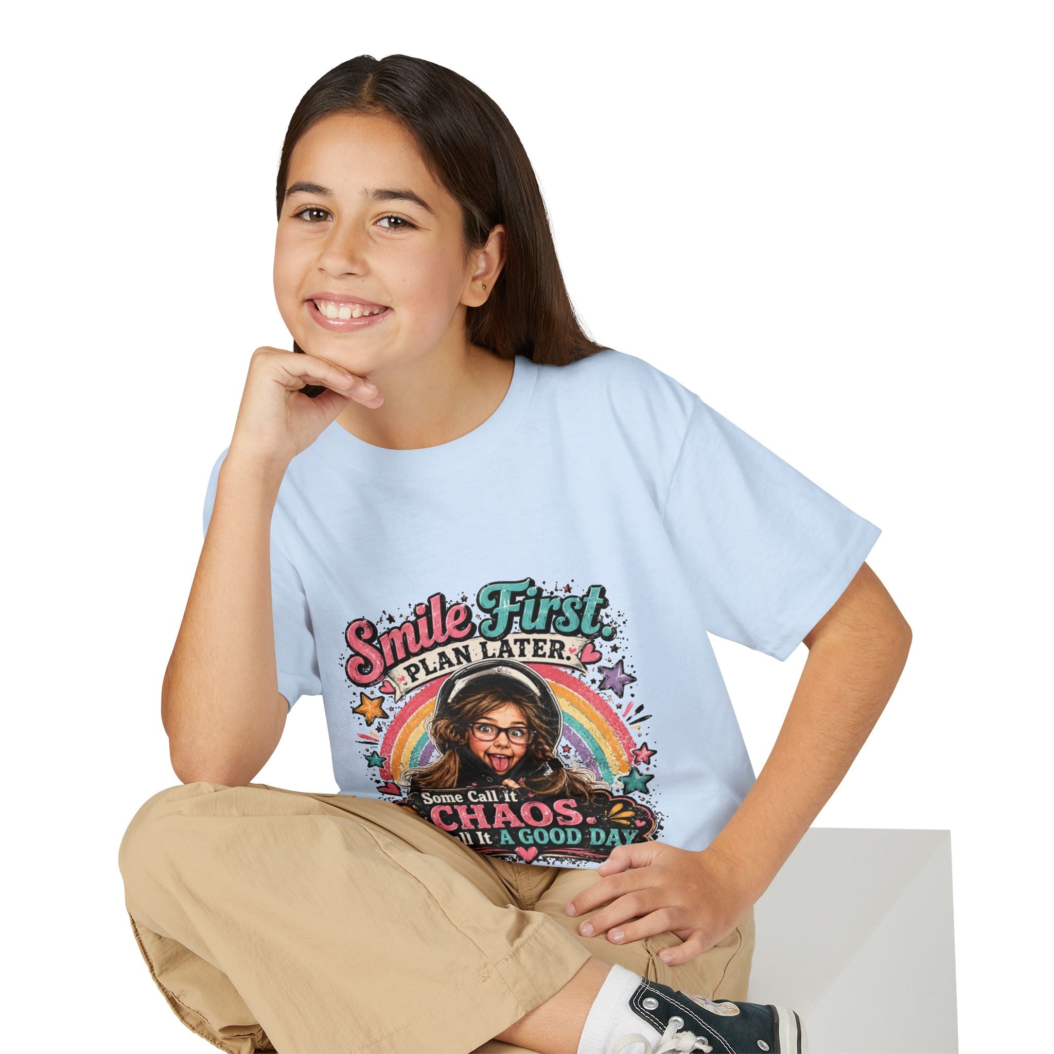 "Smile First, Plan Later" Funny Chaos Rainbow Kids Tee — Youth T-Shirt